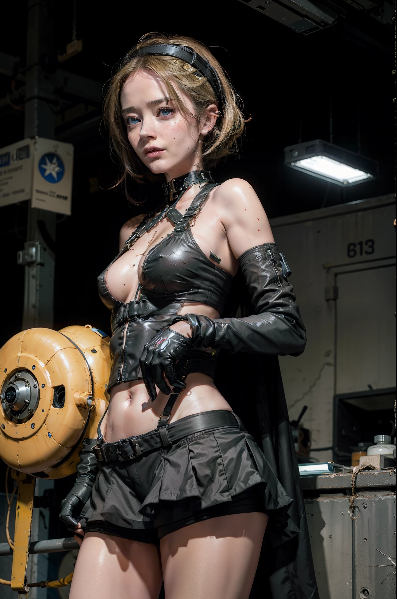 emily blunt in 1995, high tech, mechanical parts, laboratory, neon lights, wires, electrical tape, ramjet legs, jodie foster, 21 years old, magnet arm cannon, rust, muscled tummy, kat dennings, plunging neckline, perfect skin, body modification, (blonde:1.1), weaponized, lethal, dynamic, sultry, playful, angelic aura