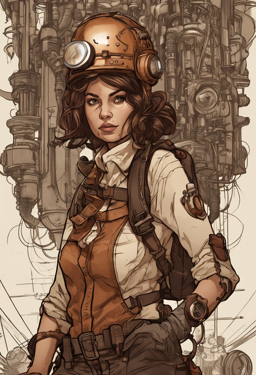 Steampunk woman who is a brilliant engineer and inventor of steam-powered machines. She wears a brown leather jumpsuit adorned with gears and a helmet with goggles. She carries a backpack full of tools and fountain pens to jot down her revolutionary ideas, realista.