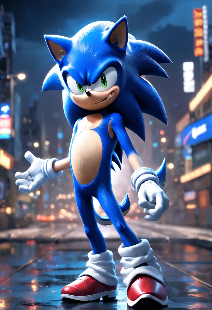 "uma detalhada, Hyper-realistic illustration of Sonic with mischievous expression on his face in a dynamic pose, efeitos raios azuis ao redor, Night scenery, Dramatic lighting and hyper-realistic drawing style."
