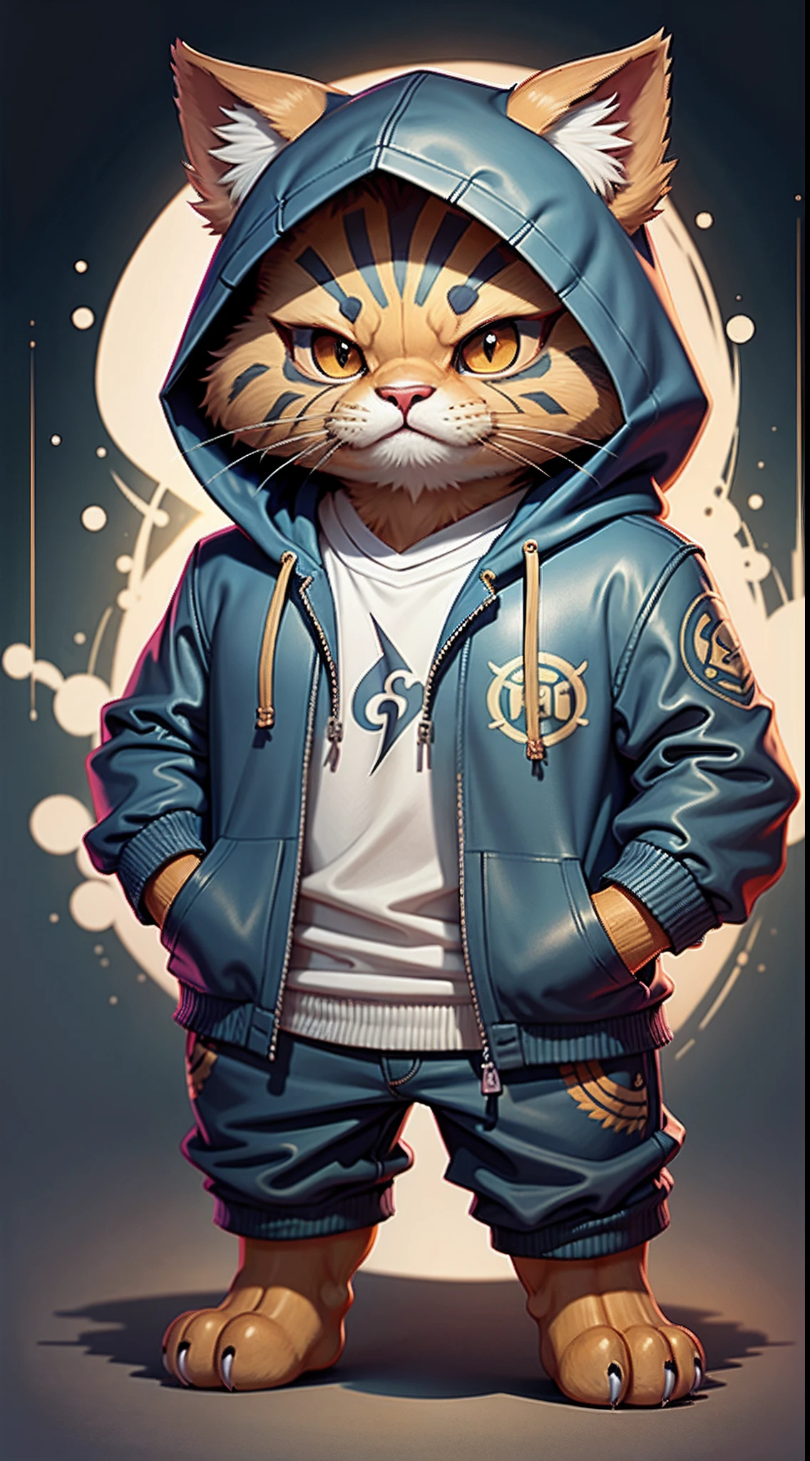 A bipedal creature resembling a cat with a pheasant tiger pattern, Navy blue cloak and hood、Gold trim, protruding legs, Float like magic, masutepiece, Best Quality