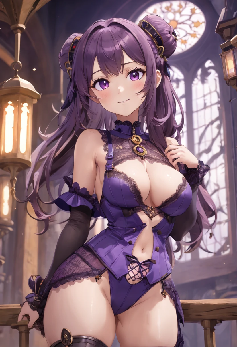 (((NSFW))), a stunning magica fantasy full-body portrait of a busty steampunk woman in dark purple lace underwear, wearing a garter belt, , emphasizing her feminine features. Plunging Neckline, Small Ears, Brown Hair, Happy Smile, Dynamic Pose, Ticker, Fantasy, Extreme Detail, 4Kde, Ultra HD, Trending on ArtStation, Polished, Radiant, Vibrant , background lighting, (8Kdende UltraHD), Unreal Engine 5 potion, intricately detailed, 3D vray detail