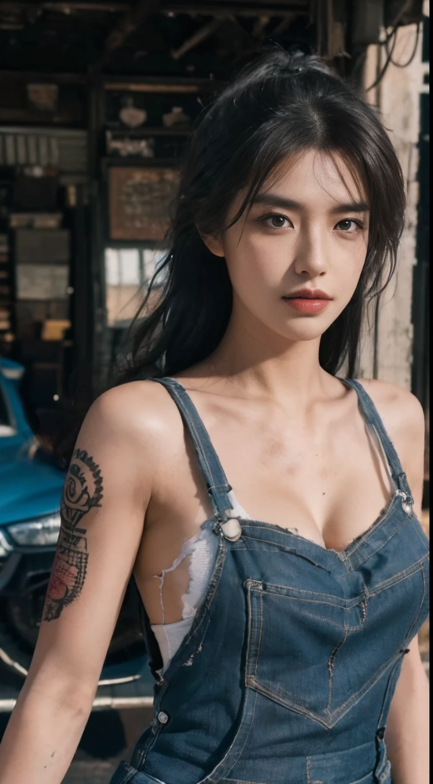 ((best quality)), ((masterpiece)), (detailed), Charming female mechanic covered in grease,Confident smile，Looking at the camera，(Dirty and rough charm:1.2), (A tenacious and confident demeanor:1.1), (Mechanical expertise:1.3), disheveled hair, With a naughty smile on his face，dirty, The stained overalls hugged her curves, (Tough Tools of the Trade:1.2), Messy repair shop, Scattered car parts, (Real car atmosphere:1.2), (Strong gaze:1.1), She holds a wrench in her dirty hand, 8k resolution,Looking at another, Look away,( Tattoo:1.2), masterpiece, best quality,Reality, Ultra-high resolution, Photography lights