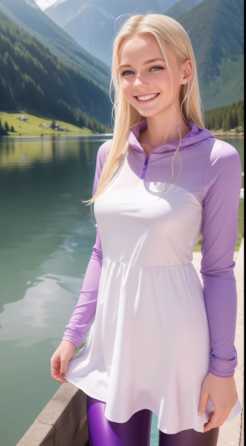 German woman, 19 years old, smiling, blond, wet white and purple dress, wet dress, sunny day, leggings, cotton longsleeve dress, wet hair, lake