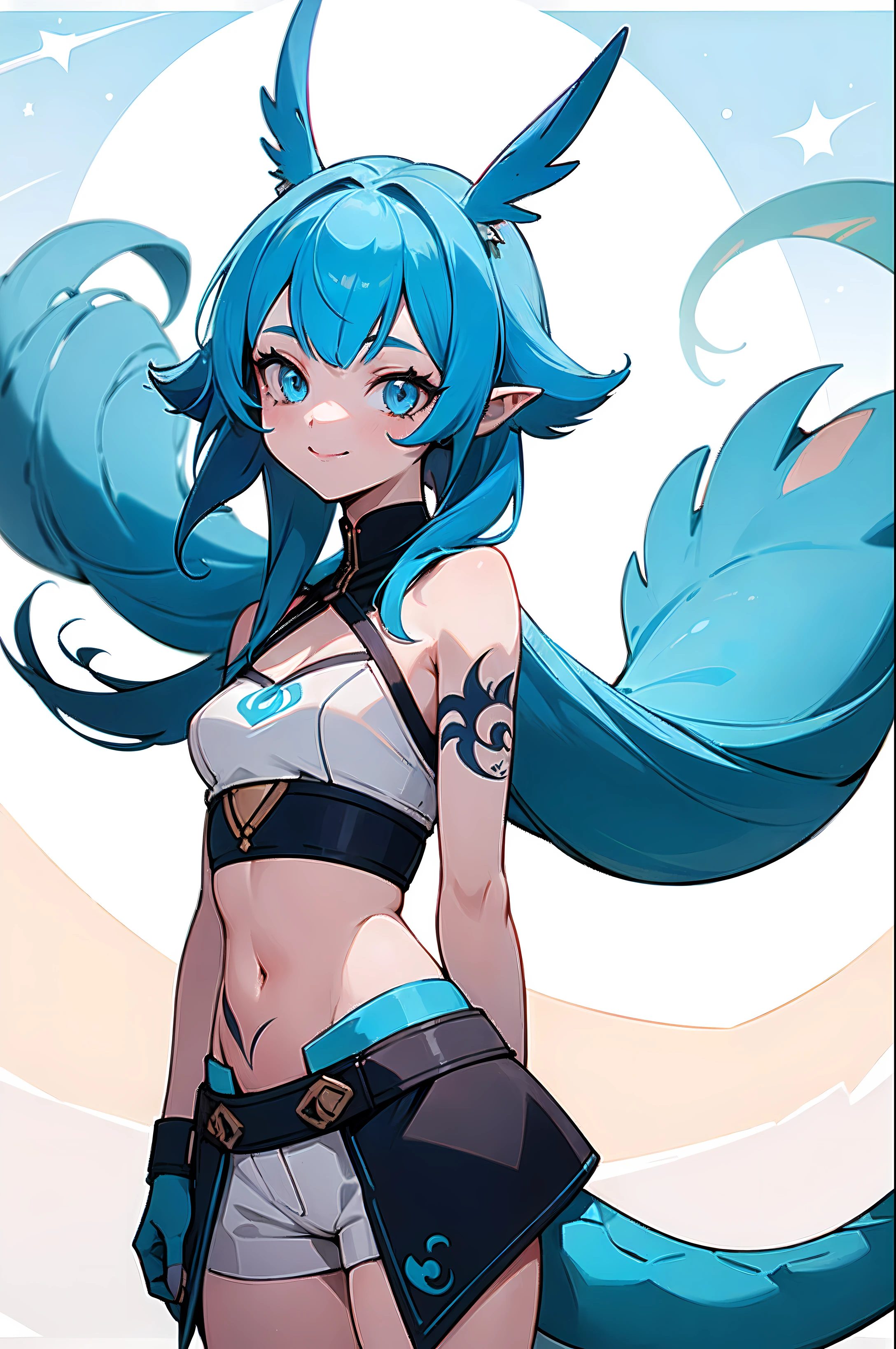 1girl, solo, cyan hair, light blue hair, very long hair, grey eyes, small breasts, crop top, white top, navel, white shorts, (lizard tail, calango tail:1.3), pointy ears, ((blue tattoos, tattoos all over her body, just blue tattoos please)), standing, smiling, closed mouth, arms behind back, her tail is visible), close-up, portrait, zoom in, winter, forest, snow, mountains, moon, stars, ((masterpiece, best quality, limited palette))