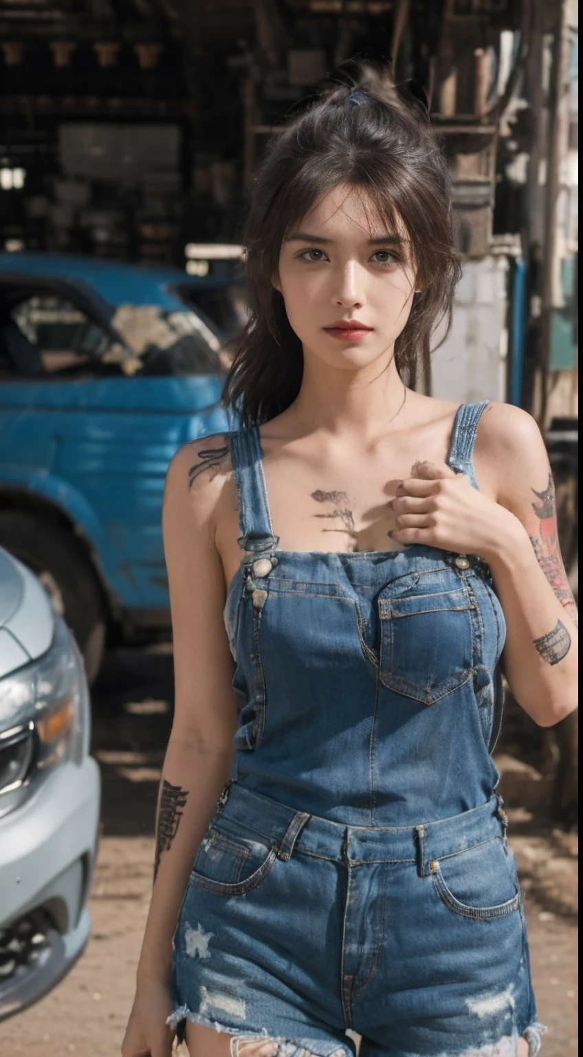 ((best quality)), ((masterpiece)), (detailed), mesmerizing and alluring female mechanic covered in grease, blue jean shorts tattoo style, tattoo sleeves, breasts showing, (Dirty and rugged charm:1.2), (tough and confident demeanor:1.1), (mechanical expertise:1.3), disheveled hair, smudged face with a playful smirk, stained overalls clinging to her curves, (gritty tools of the trade:1.2), cluttered repair shop, scattered car parts, (authentic automotive ambiance:1.2), (intense gaze:1.1), gripping a wrench in her dirty hands, 8k resolution,looking at another, looking away,( tattoo:1.2), masterpiece, best quality,