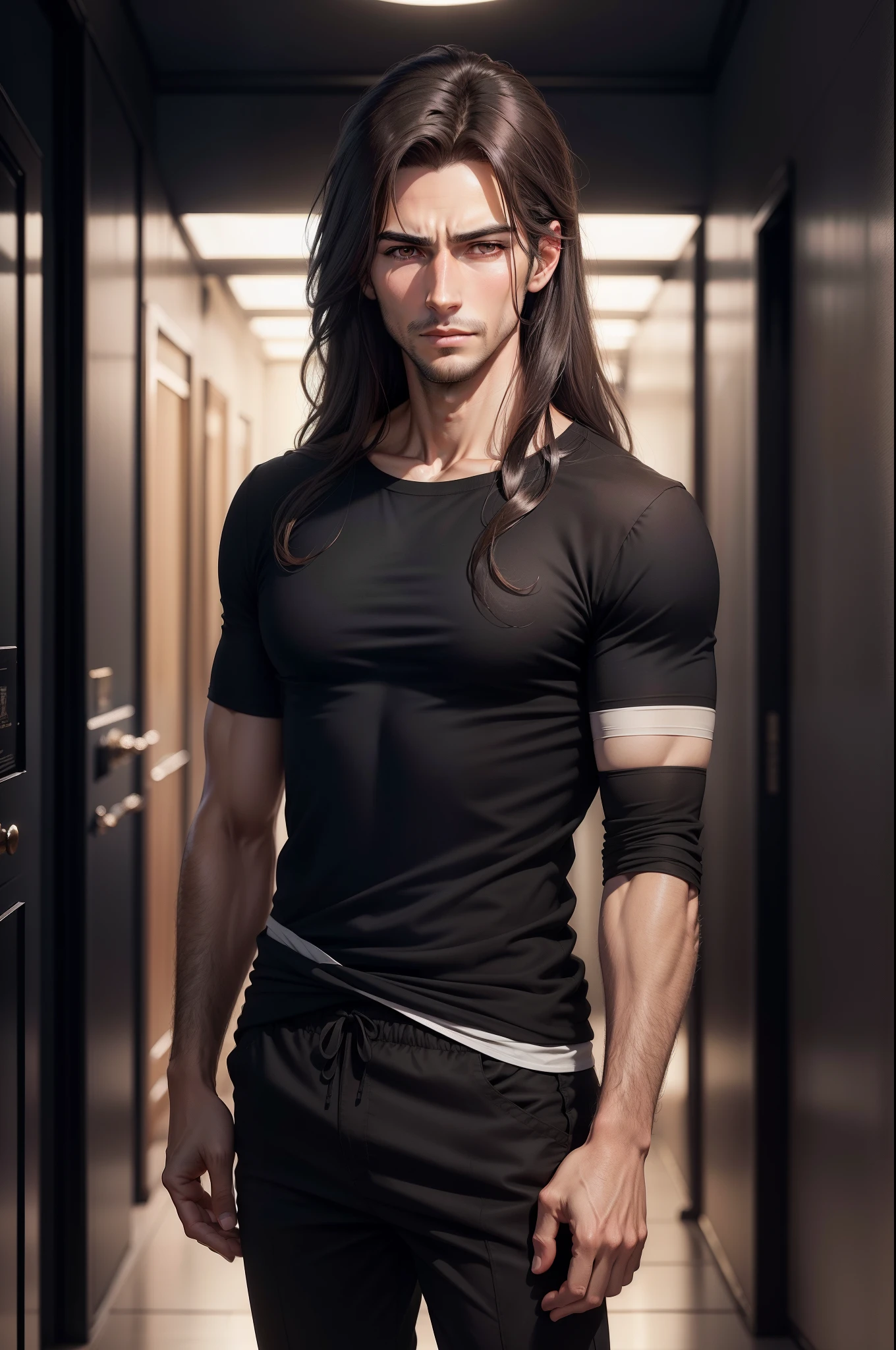 Muscular Arab man in a pink v-neck shirt exudes masculine energy with an intense gaze emphasized by moody dynamic lighting. The medium length hair and striking blue eyes are complemented by a double cleft-chin, all captured beautifully indoors.
