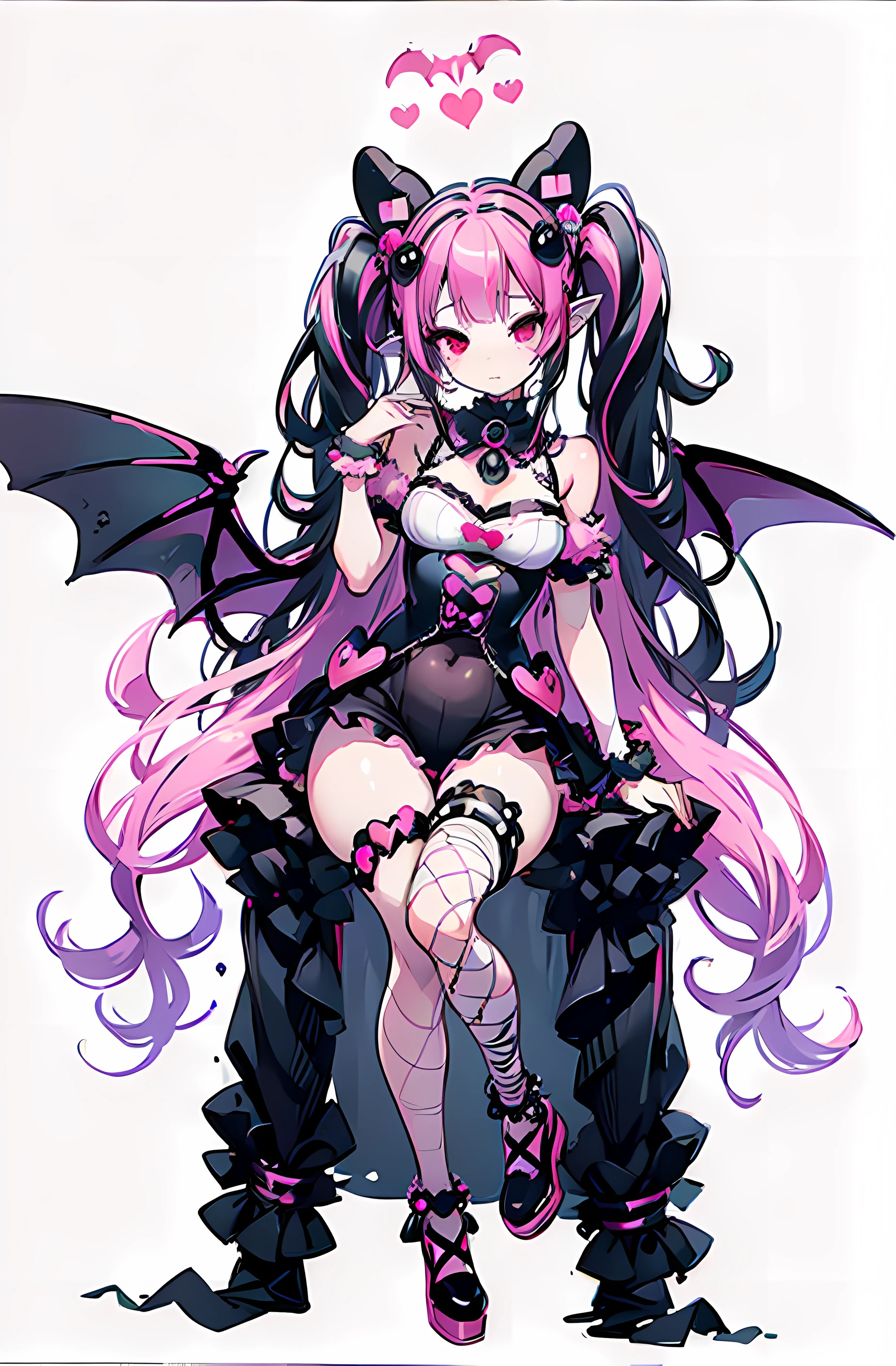 (best softness:1.2),(cute illustration:1.2), (decora accessories:1.4), (succubus:1.3), black and pink outfit with multicolored hair, demon beautiful long hair, detailed outfit with white fishnets, (white fishnets:1.2), sitting on throne