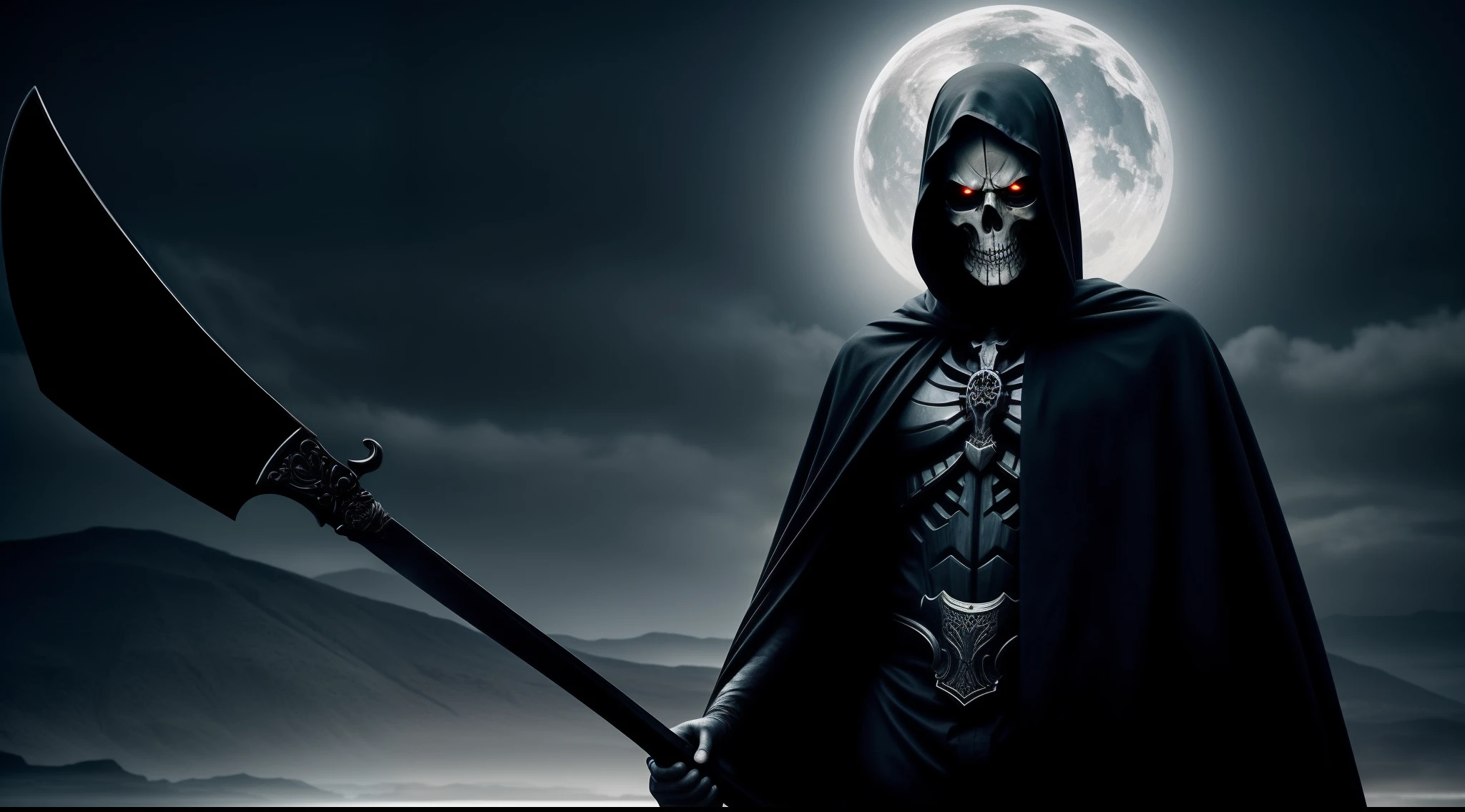 "Gere uma imagem aterrorizante de um ceifador de morte em um manto escuro e gelado. The shadowy figure must be holding a sharp-bladed scythe, com seu manto envolvendo-o como uma sombra medonha. The scene must be permeated by an atmosphere of fear and desolation, com sombras profundas e tons frios dominantes. The grim reaper's facial expression should be enigmatic and frightening, conveying the feeling that you are lurking, Pronto para colher almas."