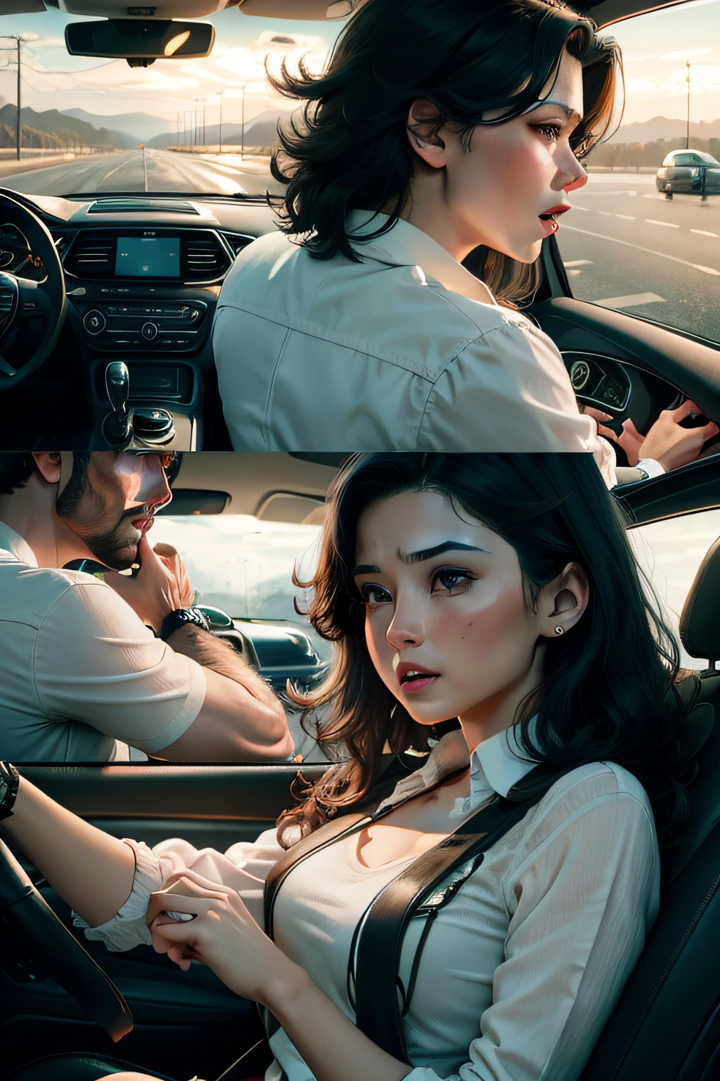 comic book , 4 scenes a couples on a car driving an talking