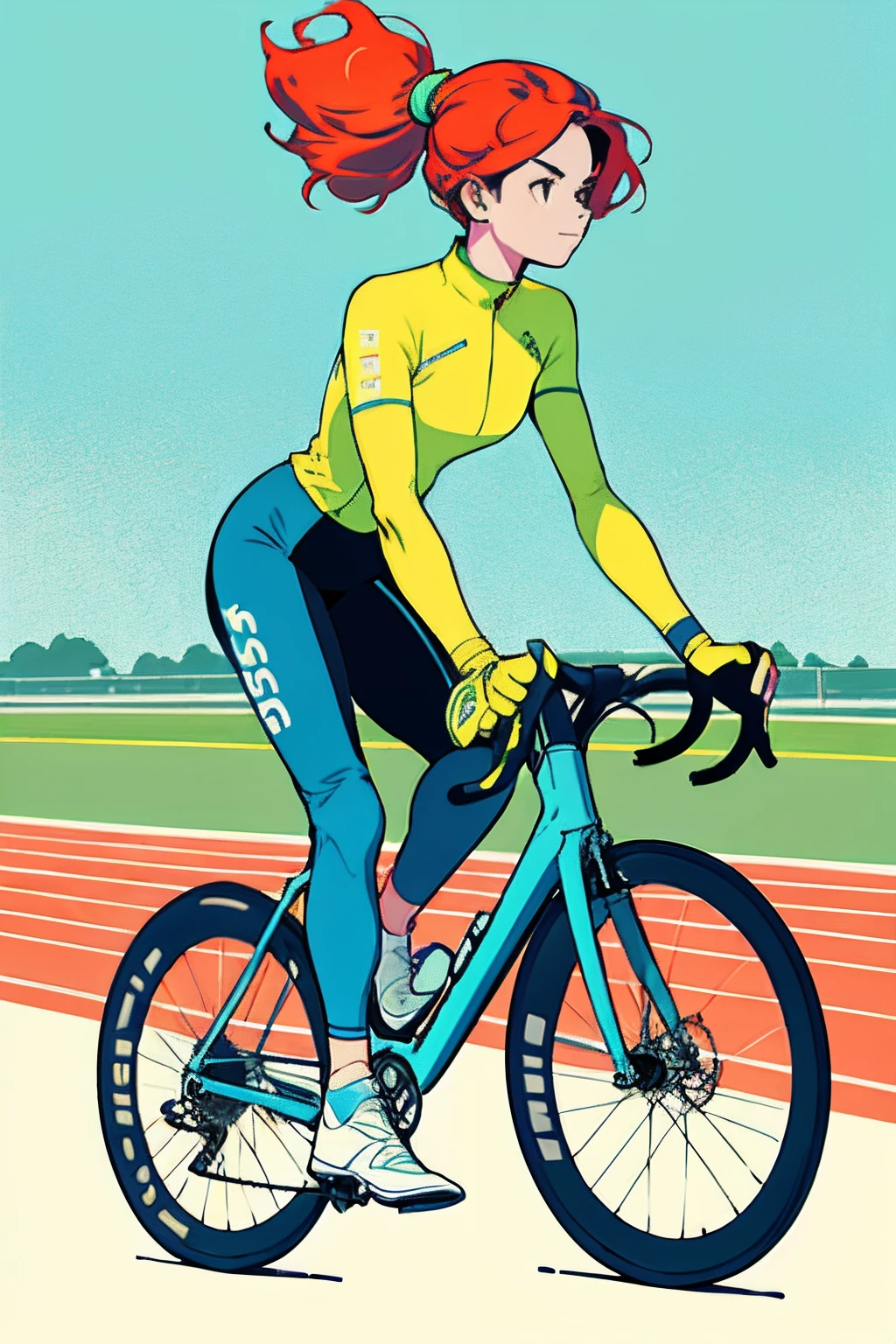 Woman on bike in race on track field, minimalist drawing, flat aesthetic, flat design, light colors, flat colors, flat design picture, digital art, sunny vibe. Bike, woman on bike, trending on art station. Book cover. Old, retro, old bike.
