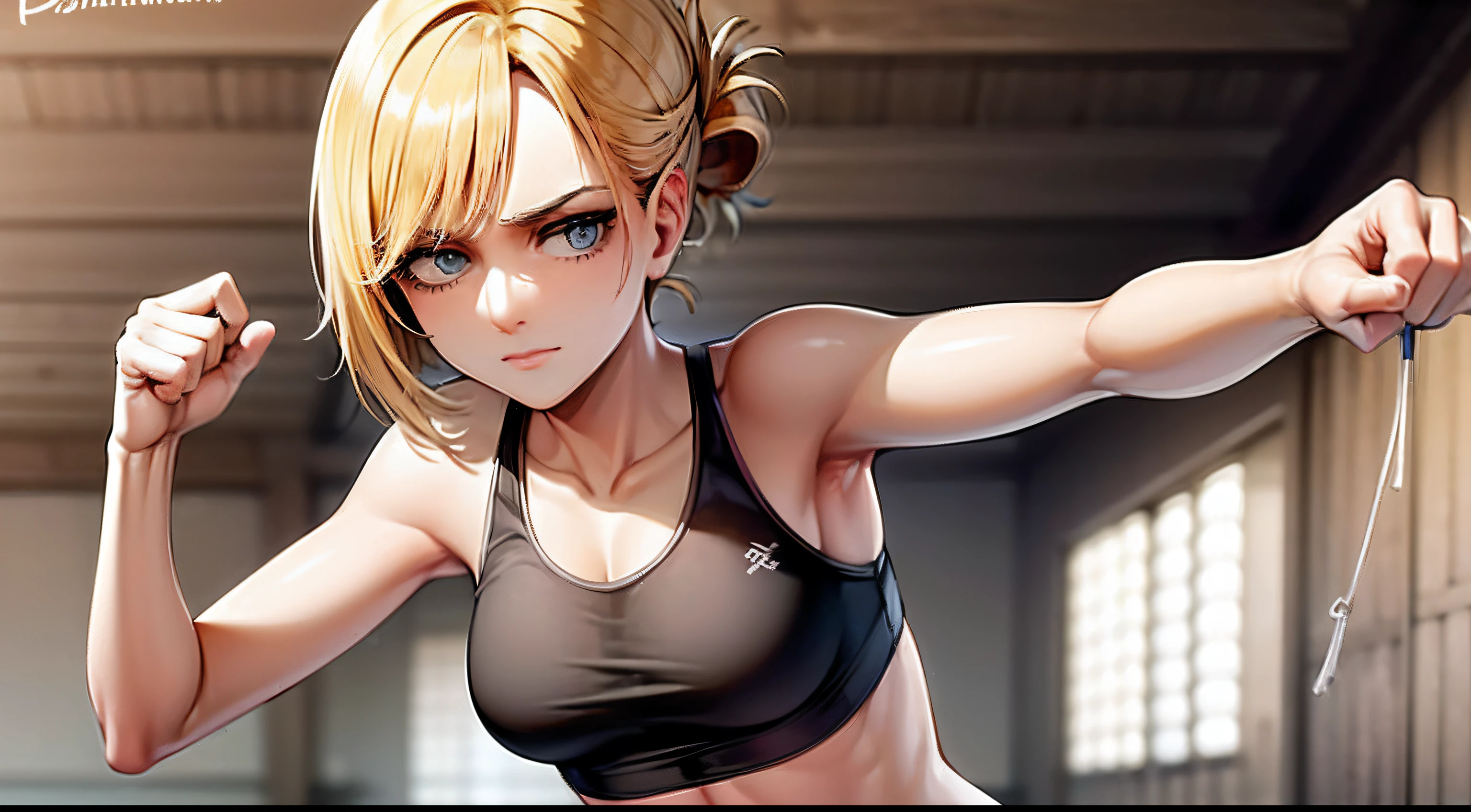 (melhor qualidade, obra-prima), AnnieAOT, solo, boxe, praticando chutes de muy thai, sports bra, shorts, olhando_at_viewer, imagem bem detalhada