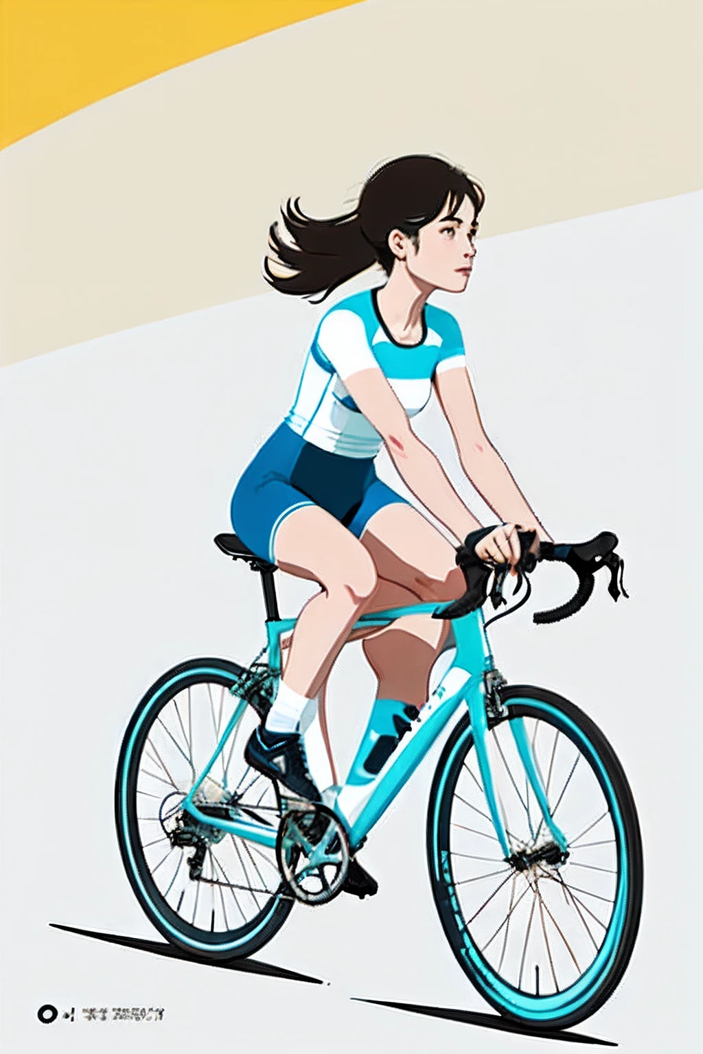 Woman on bike in race on track field, minimalist drawing, flat aesthetic, flat design, light colors, flat colors, flat design picture, digital art, sunny vibe. Bike, woman on bike, trending on art station. Book cover. Old, retro, old bike. small subject.