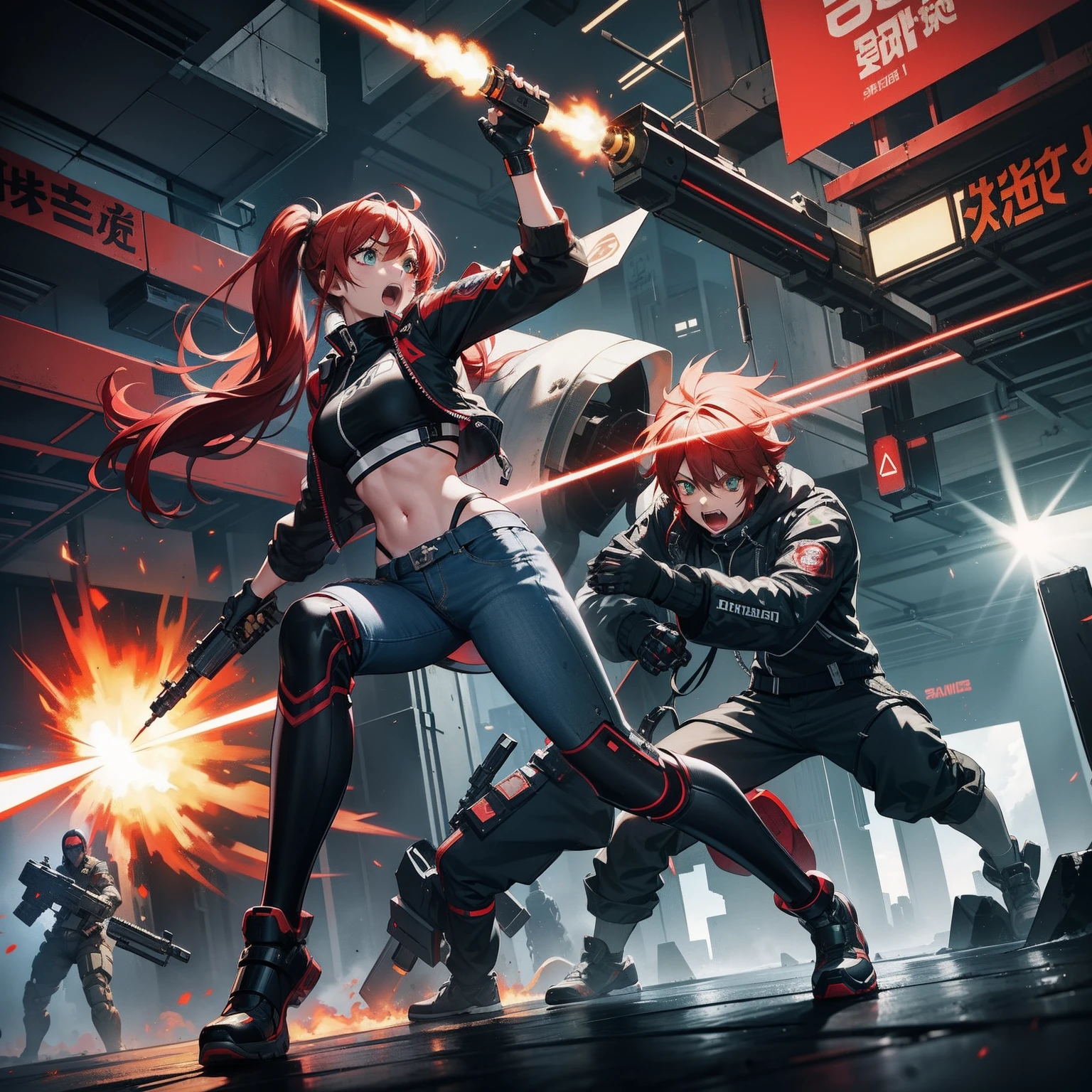 Full body shot, female asian Irina Shidou red hair twintails green eyes, in a cyberpunk city, wearing a bomber jacket and crop top and denim shorts, fighting a humanoid robot android with metal chrome exterior, holding a big machine gun, holding a long laser rifle, shooting laser rifle, shooting lasers up at the sky, missile strike, rocket launch, rapid fire, explosions, hand to hand combat, fighting, round house kick, jumping kick, guns flaring, punch face, open mouth, screaming, frontal shot, side shot, rear shot, back shot, behind shot, masterpiece, highly detailed