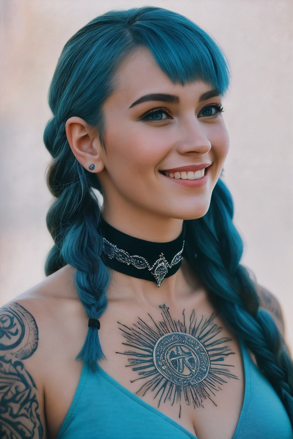 lots of definition, super focus, medium cinematic half-body portrait of young alternative blue hair in braids, big ass, big breasts, large breasts, sexy smile, main light, backlight, natural lighting, photography 400 ISO film granulation 30mm lens f1.8 RAW aperture, fine art photographer, Lord of the Rings movie poster, large intricate print,  choker, tattoos
