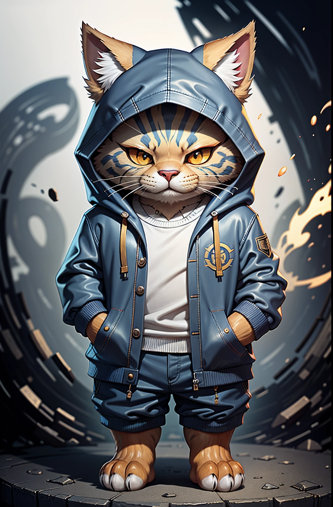 A bipedal creature resembling a silver cat with a pheasant tiger pattern, Navy blue cloak and hood、Gold trim, protruding legs, Float like magic, masutepiece, Best Quality