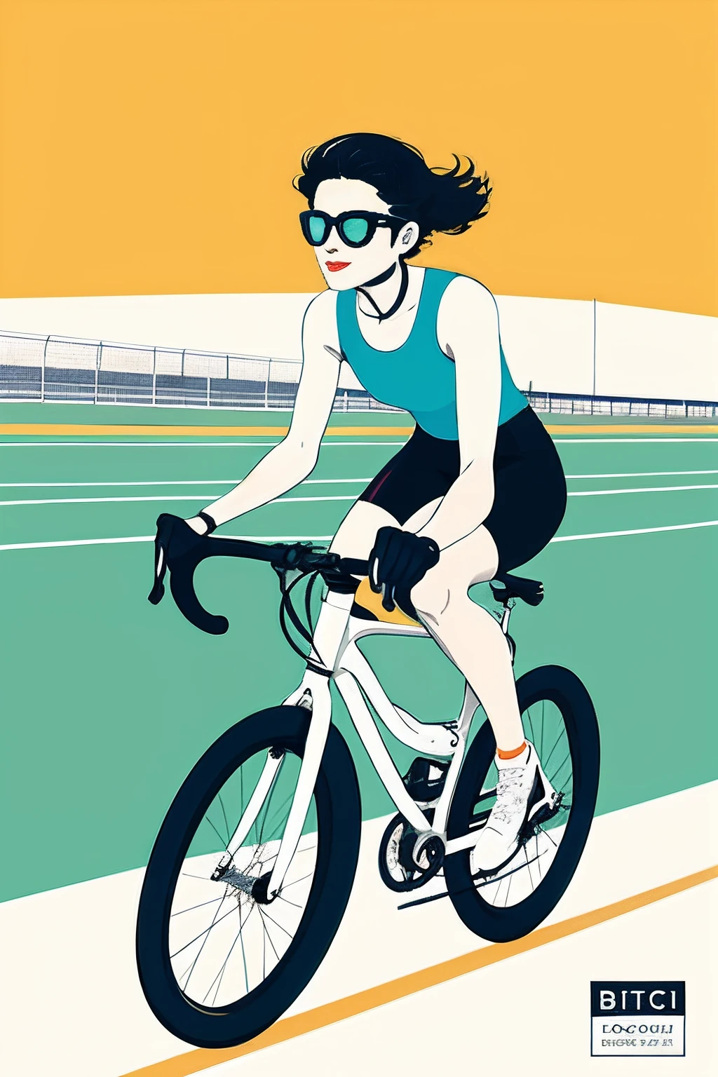 Woman on bike in race on track field, minimalist drawing, flat aesthetic, flat design, light colors, flat colors, flat design picture, digital art, sunny vibe. Bike, woman on bike, trending on art station. Book cover. Old, retro, old bike.
