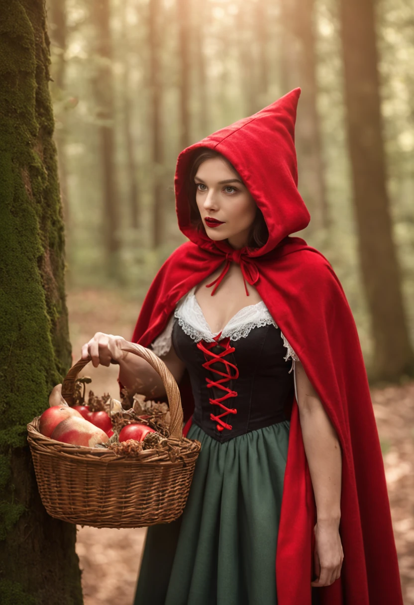 Little Red Riding Hood standing on a narrow path in the forest. Talking to the Big Bad Wolf, a big wolf standing, with a scarf around his neck and a top hat on his head. She is wearing her iconic red hood and holding a wicker basket. Golden sunlight penetrates through the leaves of tall trees, creating patterns of shadow on the ground. A soft mist envelops the trees in the background, giving the scene an eerie feel. Little Red Riding Hood's eyes show determination, but also a hint of curiosity and caution. All around her, small forest animals peek out from among the foliage, watching with curious, glowing eyes. She creates an image that captures the magical and enigmatic atmosphere of this moment in the enchanted forest.