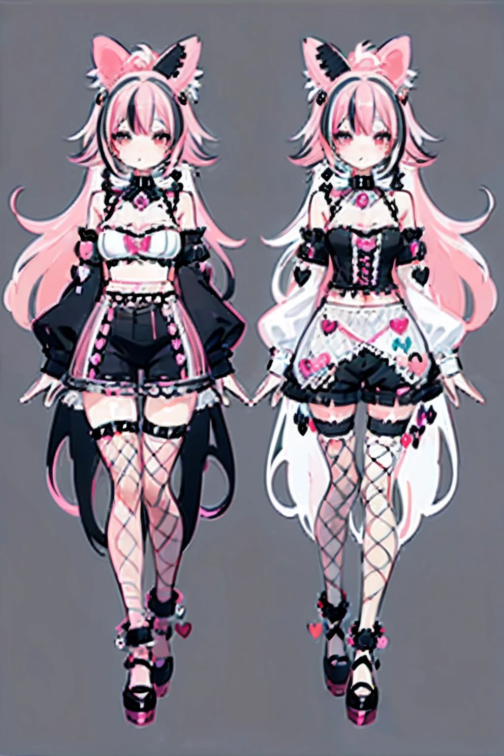 (best softness:1.2),(cute illustration:1.2), (decora accessories:1.4), (succubus:1), black and pink outfit with multicolored hair, demon beautiful long hair, detailed outfit with white fishnets, (white fishnets:1.2),(lots of accessories and multicolored hair:1.2)