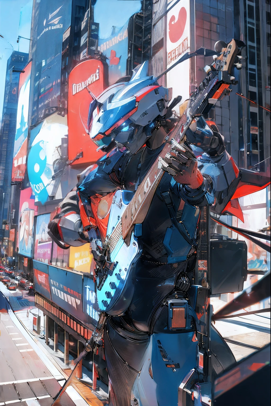 Technological mechanical robot playing guitar in old Times Square color black