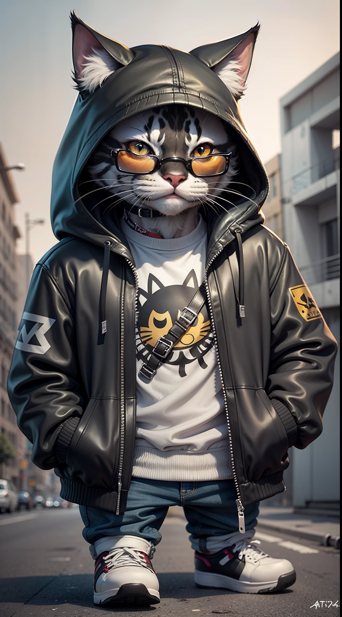 C4tt4stic, Cartoon black cat in jacket and skateboard, Sunglasses,