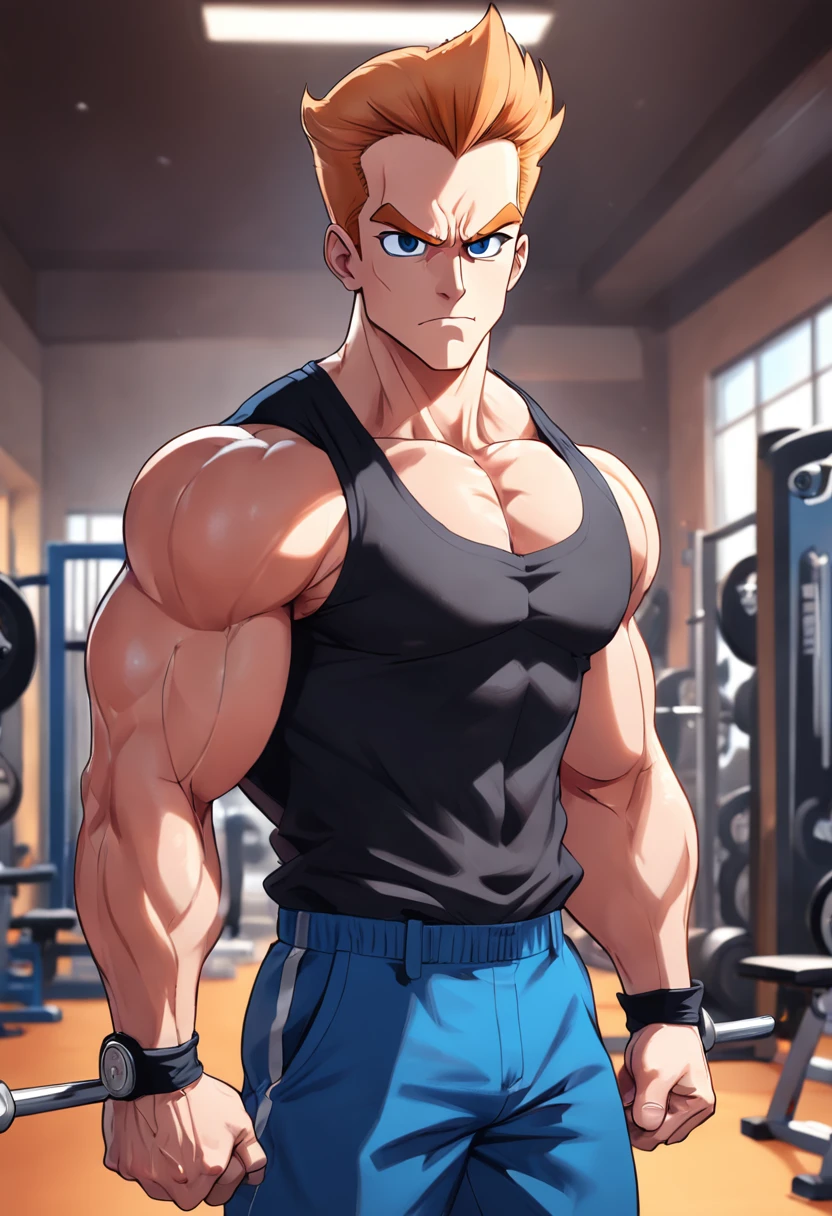 Katsuki Bakugo from Boku No Hero Academia, wearing black gym pants and black tank top, bodybuilder, defined body, abs