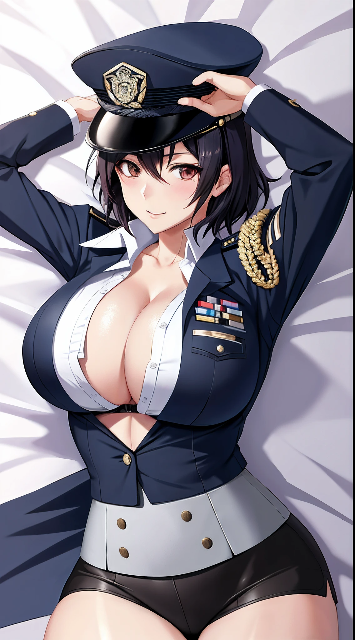 Anime characters in Japanese policewoman uniform lying on bed and with a sexy woman, Fine details.The uniform has black lace trims, officer, Seductive anime big sister,huge tit, A high resolution, [ 4 K digital art ]!!, oppai, High-quality fanart, Japanese policewoman hat,mature,Medium hair, Attractive feminine curves