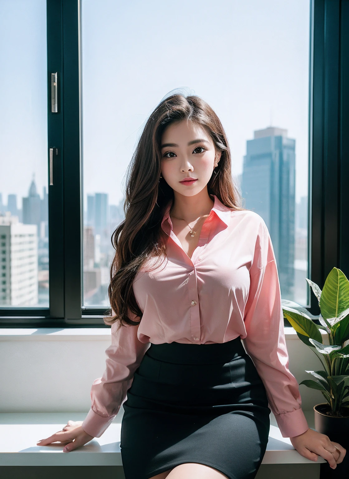 25 years old female, soio, A secretary, stunningly beautiful, (top-quality、8K、32K、tmasterpiece、NFFSW:1.3)、超A high resolution,(Photorealsitic:1.4),RAW photography, Detailed face,,Beautiful hair, Pink shirt,((Secretarial style)), thicc body, Tight skirts、 Natural makeup, Breast cleavage, Inside the office, Detailed background, Perfect lighting, depth of fields, Beautiful shadow gradient, ,