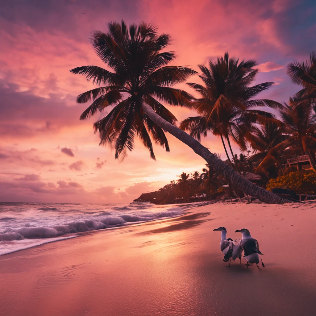 Amazing sunset on the beach,Orange-pink and yellow intermingled in the sky。The clear waters gently kiss the beach,Endless white sand beaches。The vibrant scene is breathtaking,Seagulls are flying ,Palm Tree Happy puppy and his beautiful hostess on the run The waves splash Very joyful Detailed facial expressions 8k wallpapers HD cinematic texture fantasy