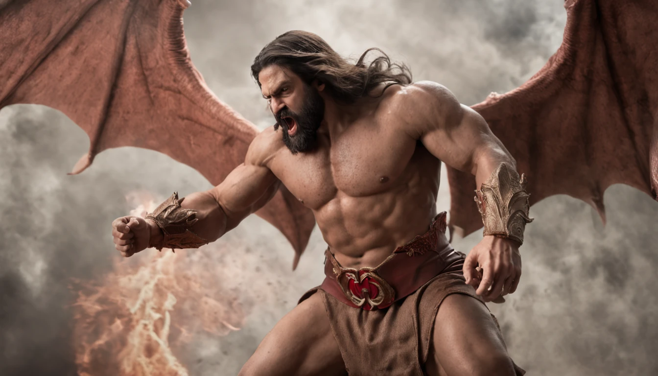 A man with long hair and a beard is facing a demon, jesus christ fighting lucifer, batalha entre o bem e o mal, Heaven and Hell, A batalha final no inferno, diabo versus anjo, o bem contra o mal, anjo versus diabo, satan in hell, o bem contra o mal, o bem contra o mal, Make a deal with the devil, A batalha entre o bem e o mal, hell and heaven