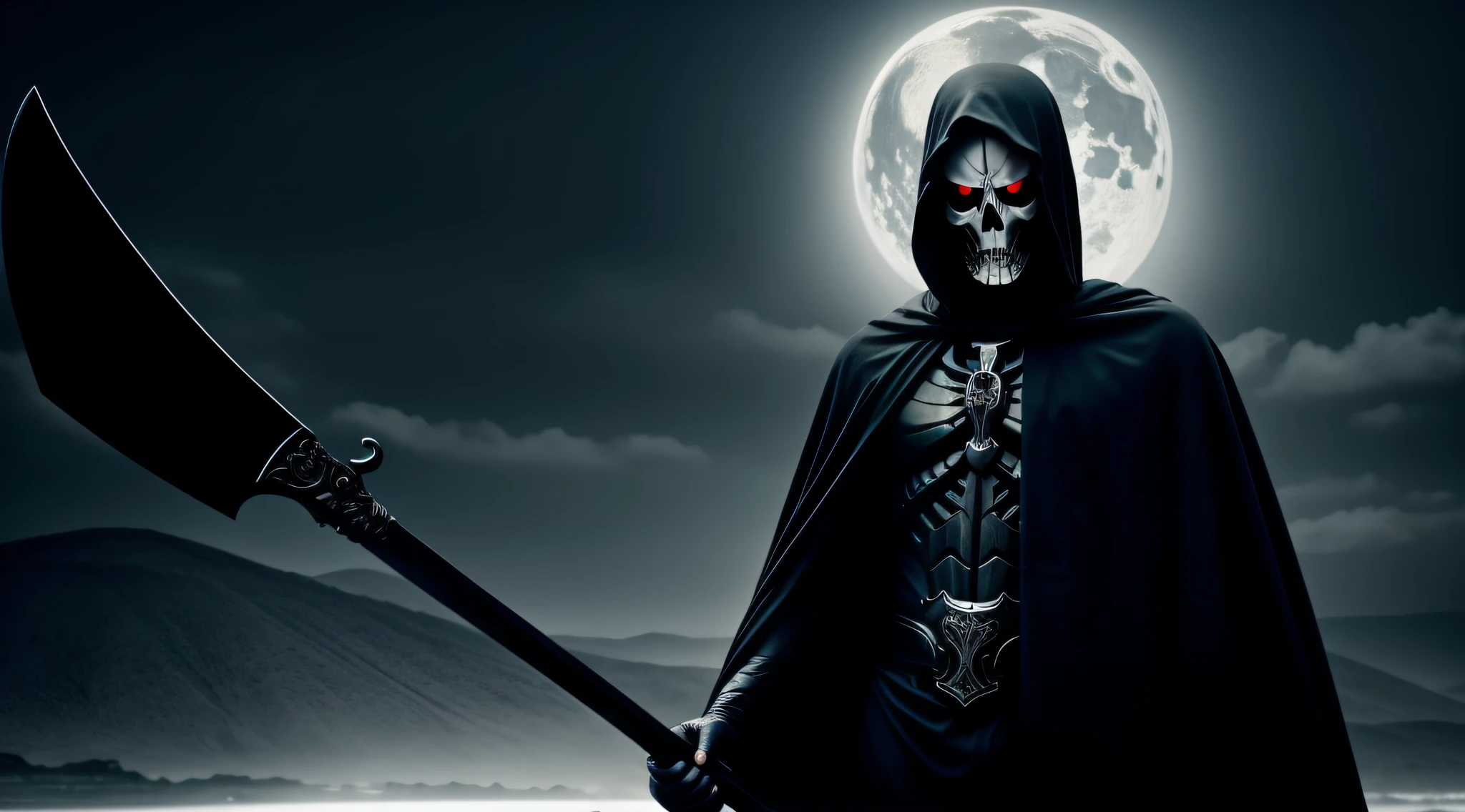 "Gere uma imagem aterrorizante de um ceifador de morte em um manto escuro e gelado. The shadowy figure must be holding a sharp-bladed scythe, com seu manto envolvendo-o como uma sombra medonha. The scene must be permeated by an atmosphere of fear and desolation, com sombras profundas e tons frios dominantes. The grim reaper's facial expression should be enigmatic and frightening, conveying the feeling that you are lurking, Pronto para colher almas."