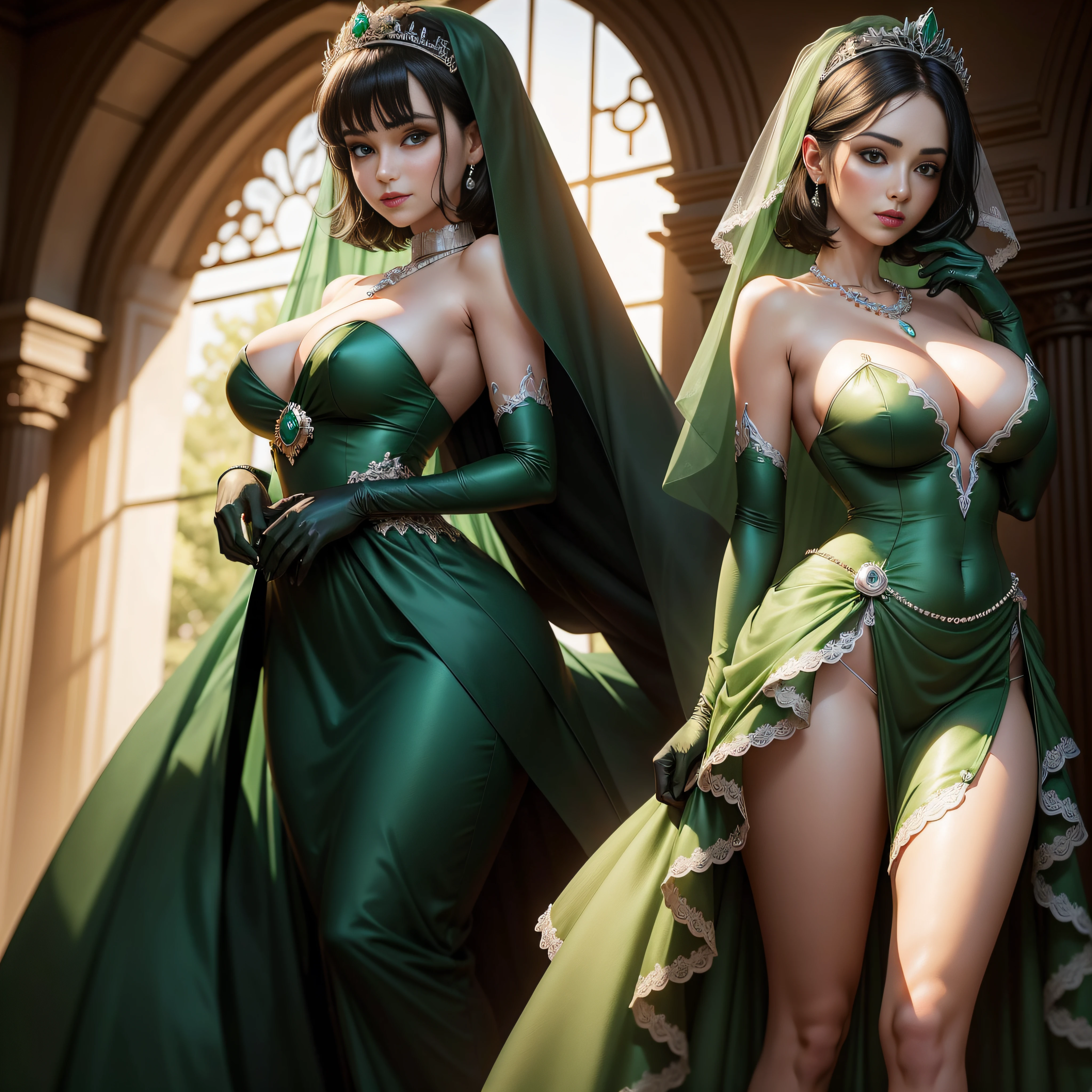 bride,Sense of atmosphere, best qualtiy,tmasterpiece,1girll,30-years old,Green dress,chies,full body Esbian, Green gloves,with black short hair,,big breasts beautiful,looking at viewert,ssmile,Green Bridal Veil,Green Long Grove,Satin green long gloves, lipsticks, Green Pearl Necklace, short black hair, Pearl and emerald necklace, Emerald tiara, Bright atmosphere, brightened light