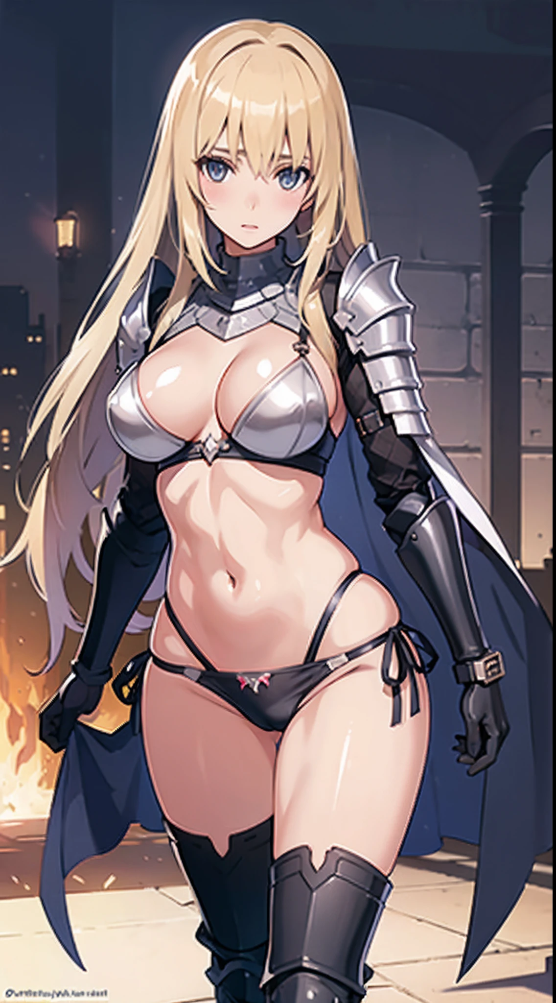 ((slanted eyes)),1girl, solo,(milf), (((mature female,adult female))),masterpiece, Top  Quality, ultra-definition, max resolution, A highly detailed, clean skin, extremely sexy,large breasts,blush,high legs,thong,armor girl, bikini armor female knight, Bikini Armor, bikini-armor, bikini-armor, ornate bikini armor, Female knight, Gorgeous Female Paladin,Beautiful armor,cleavage,over-knee sock,in palace