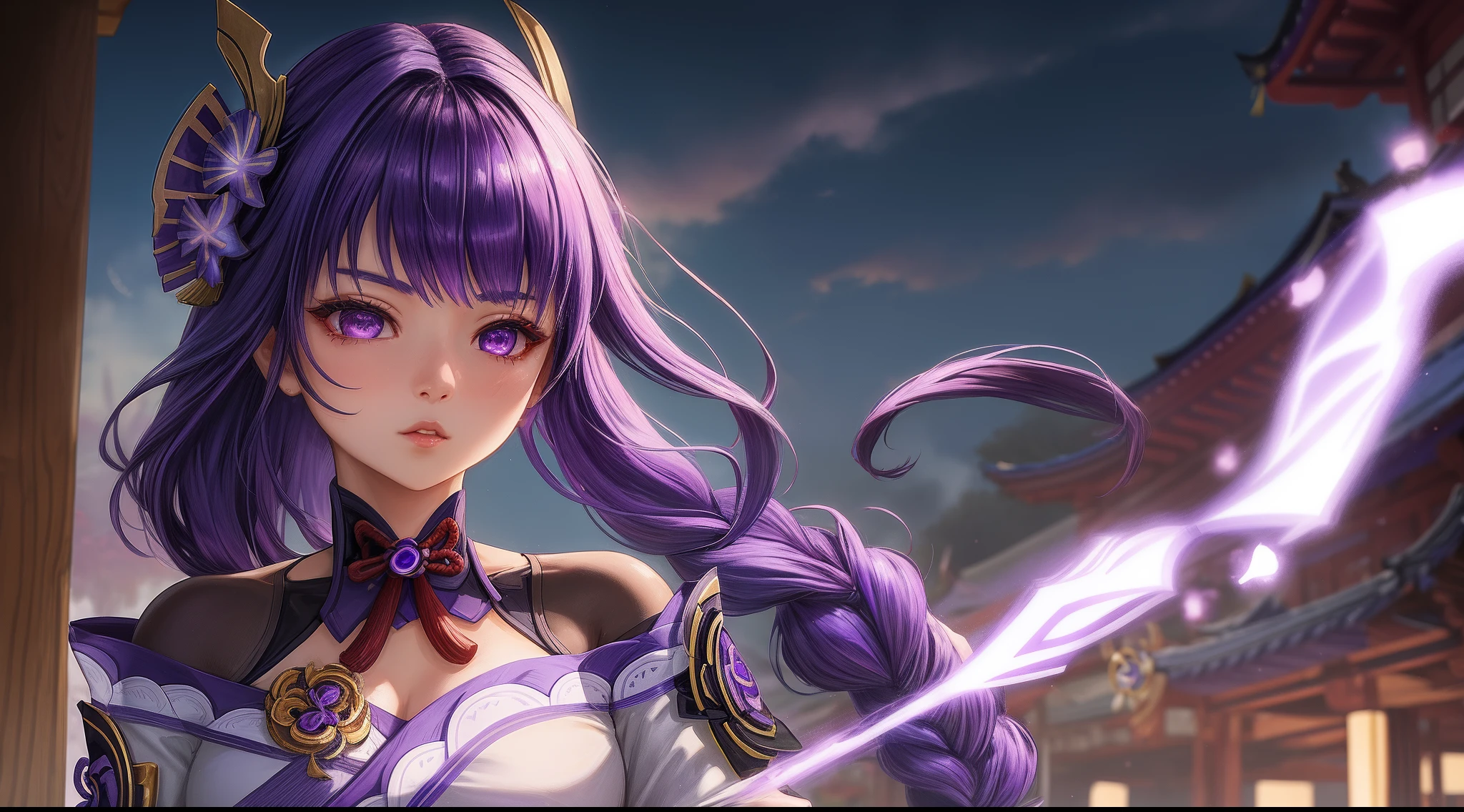 1girl, (raiden genshin impact), focused upper body, realistic, parted lips, (purple hair and hair ornament), purple pupils, standing pose, (purple kimono), cloudy background, perfect limbs