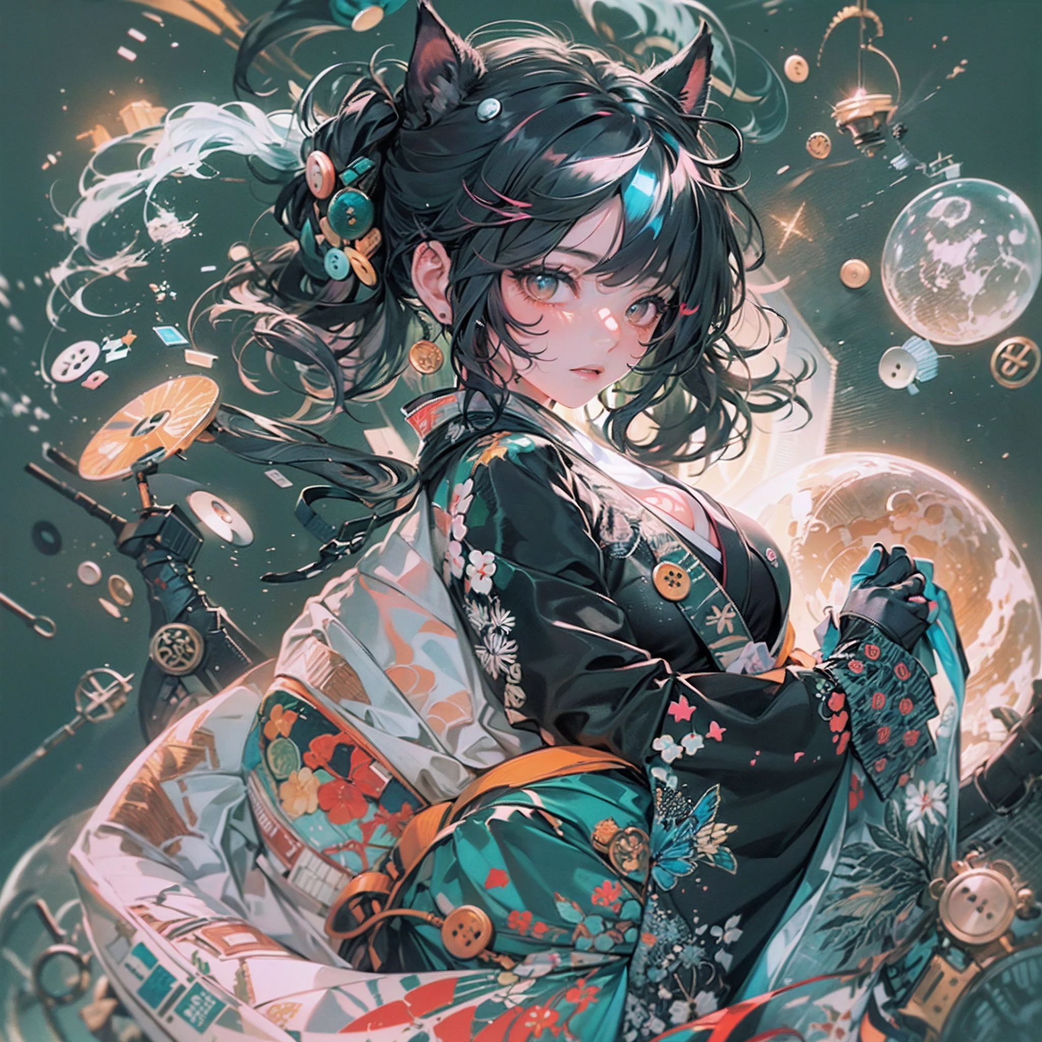 (top-quality), (masterpiece), (hight resolution), (tmasterpiece)、 cinematric light, Cinema Shadow, Sharp Image, Extremely detailed, Volumetric,(cute kittens)、(sitting on)、1womanl,(Kimono)、(heavy sweat from the body,,)、(A lot of tattoos on the body)、(very long hair of black wavy color,,,30-years old,Large breasts, Huge breasts, huge-breasted, Enlarged breasts, long drooping milk、smil、(Button-up kimono:1.3)、(Turbulent colorful light) , particles effect, beautiful effects, Vivid colors, neons, Neon light, colorful water splash, clear and beautiful, Mysterious, beautifly
