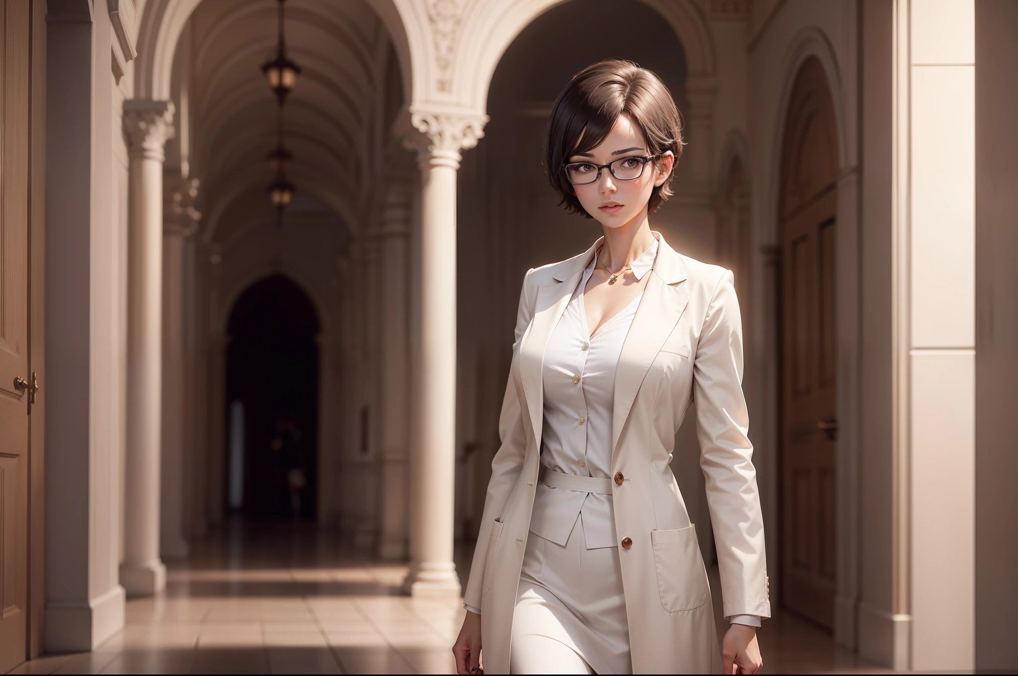 realistic 8k image of a pretty female doctor, 32 years old, short hair, wearing glasses, wearing a white coat, standing in a wide corridor of a royal palace, anime-style art