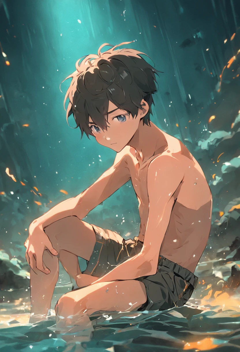 teenager sitting in the water,Shirtless,with fair skin,ssmile