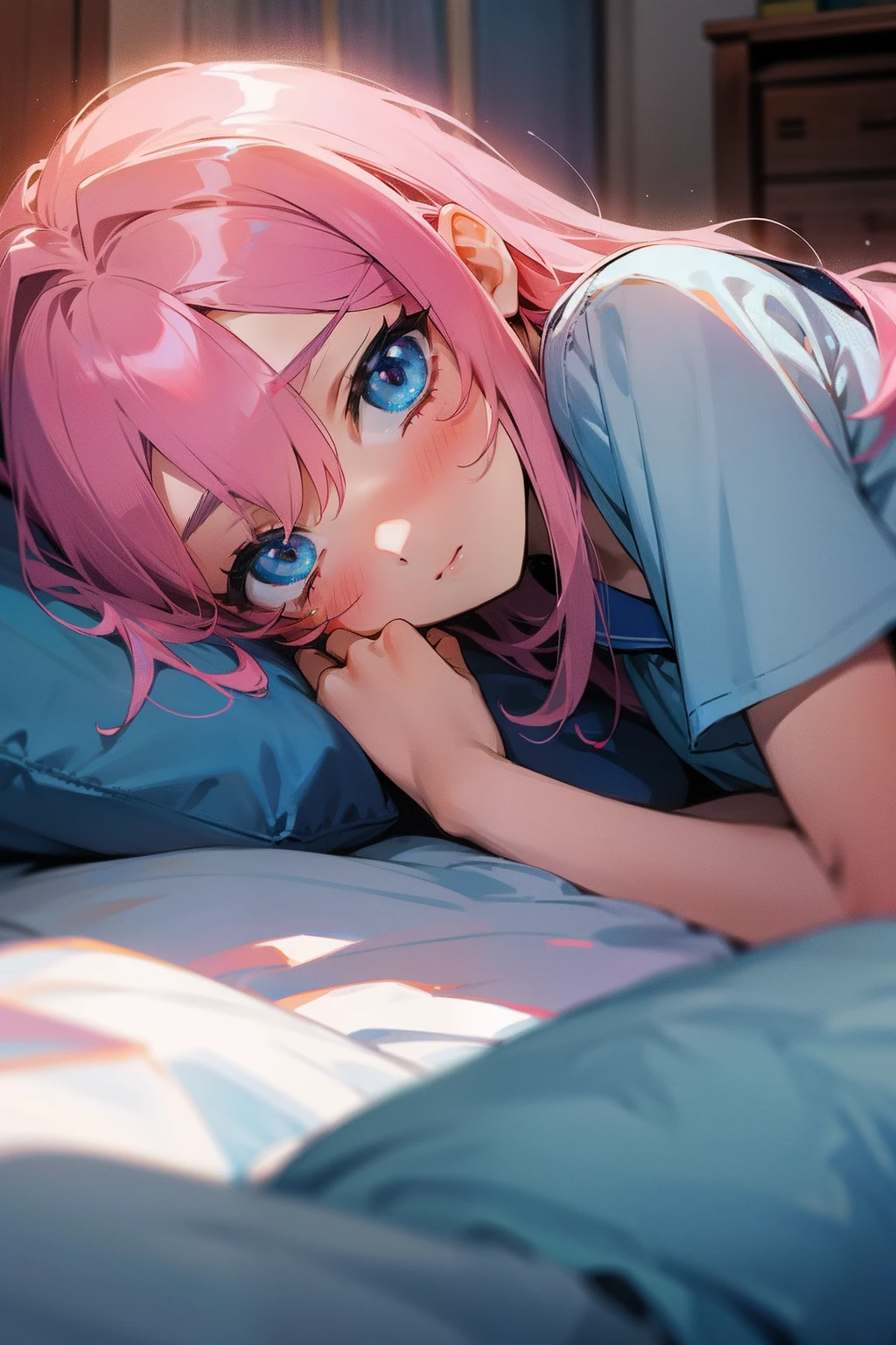 Female junior high school student，blue color eyes，A pink-haired，is shy，lying on one's side on bed