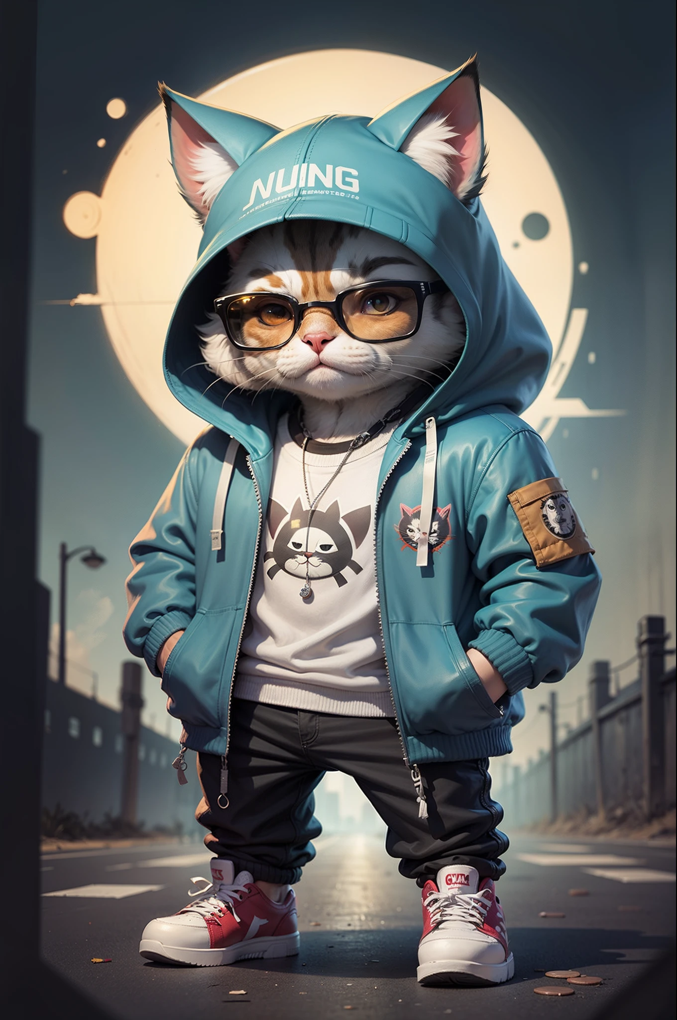 C4tt4stic, Cartoon chatra cat in jacket and skateboard, Sunglasses,