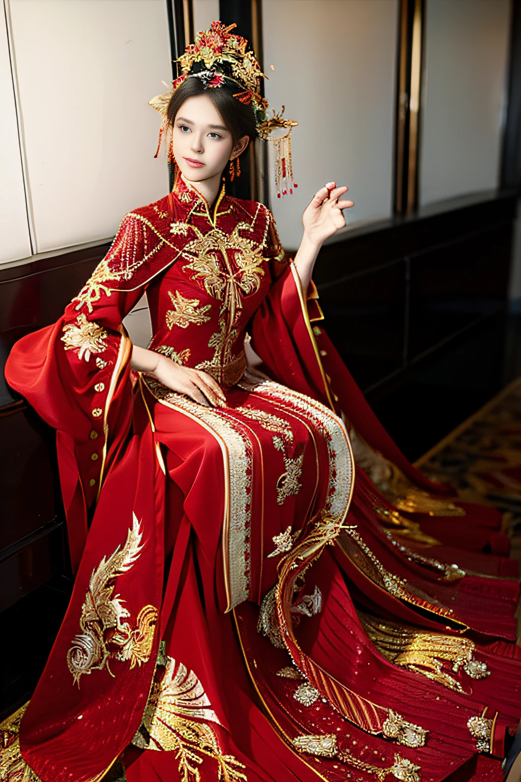A woman in a red and gold dress，Phoenix crown