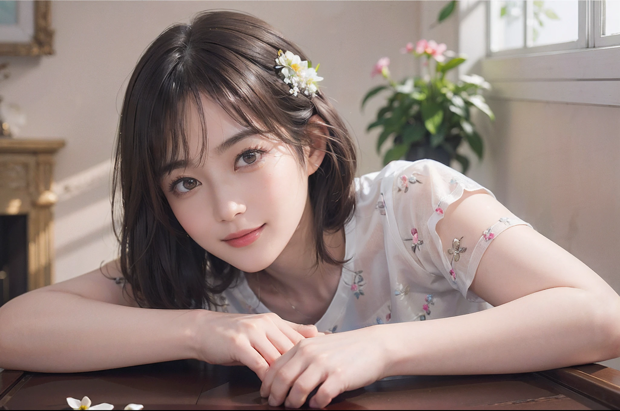 (Masterpiece)、(Photorealsitic、Raw photography、top-quality: 1.4)、(1womanl)、((Floral - T-shirt))、((JINS))、beautiful expression、((A slight smil))、(A dark-haired、short-hair:1.3)、Beautiful hairstyle、realisticeyes、Beautiful details、(real looking skin)、Beautiful skins、enticing、超A high resolution、A hyper-realistic、high-detail、the golden ratio、((Beautiful fingers))、((The windowsill in a luxurious room))