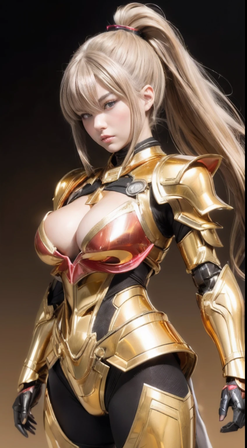 soft smiling、kindly smile、Female Warrior of Eldorado、Goddess of Battle with Spread Golden Wings、Left and right symmetrical eyes、Eyes with good balance between left and right、((top-quality:1.4、8K、32K、nffsw:1.3))、(unparalleled masterpiece ever)、(Photorealsitic:1.4)、Real 1.2、realistic textured skin、A detailed face、A detailed eye、Detailed eyes and iris(Golden Eyes)、Detailed lips、((Raw photography、真实感:1.6))、1girl in、Japan age beautiful girl、Beautiful woman with fair skin、(((silber hair、The long-haired、High Up Ponytail)))、[[Intricate mechanical armor shining in gold(Complex light reflection)、Mechanical armor of complex structure(golden colored)、Intricate details、(Realistic metallic glow、Caustics、Reflectors)、Red Cybersuit、((Full armor of the machine(golden colored)、neons:1.6))、(Fiber optic body:1.2)、Mecha Wood、Mechanical parts、Mechanical Hero、Metal Hero、Complex mechanical tights、mecha corset、(((Fully mechanical armor、Large sturdy shoulder armor、Heavy-duty chest armor、full armor)))、((Golden metal armor、Red and silver decoration))]]、Metal heroine、perfectly proportions、(((deep v neck、Accentuated cleavage、Woman with perfect style、Sensual body lines:1.5、Colossal tits:1.4、Overhanging udder:1.4、sideboob barbosa)))、combat style、Combat Poses、Battle poses are automatically generated、Background with(Futuristic city、Pitch black darkness and light、intergalactic)、Building the future
