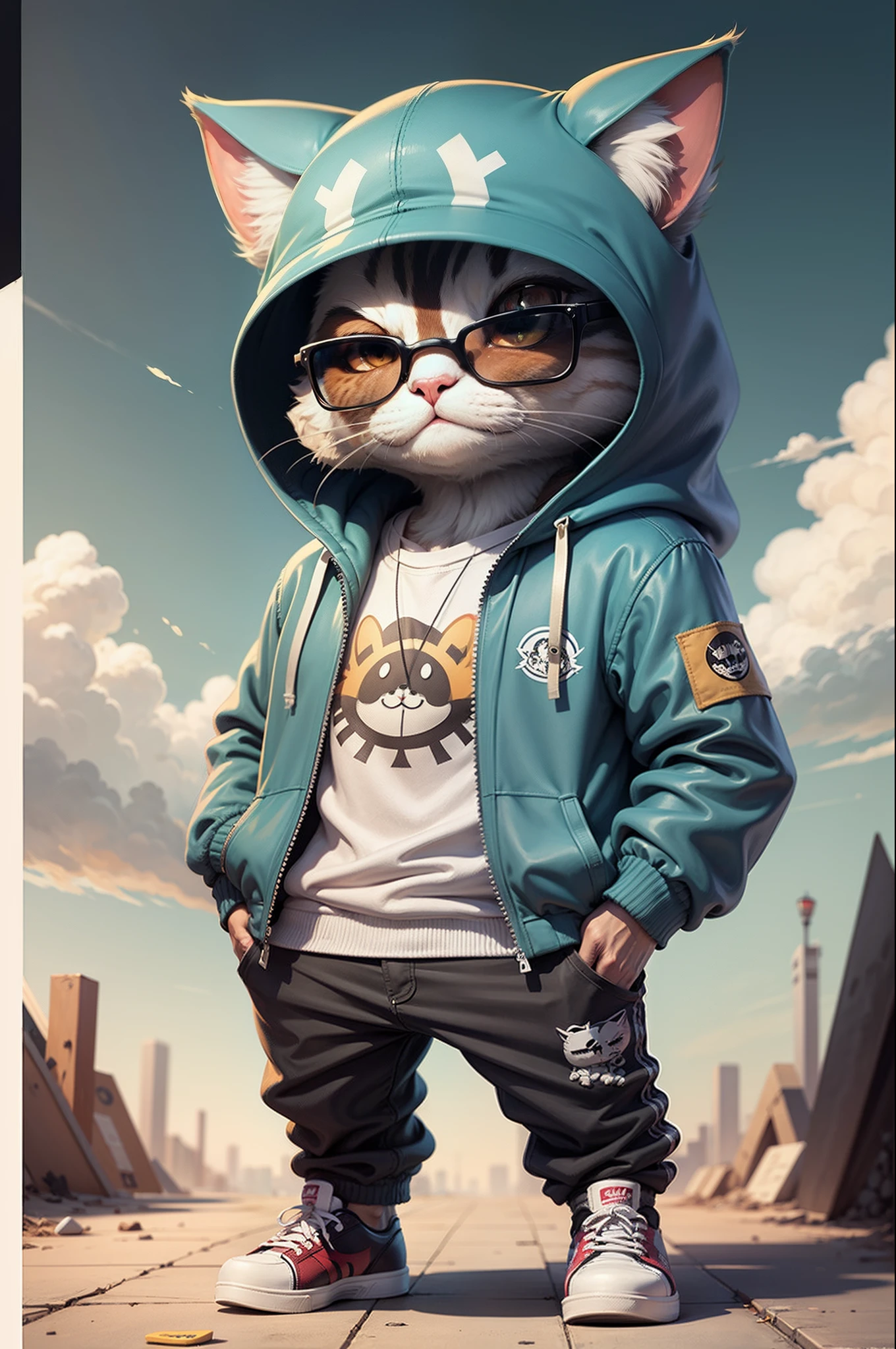 C4tt4stic, Cartoon chatra cat in jacket and skateboard, Sunglasses,