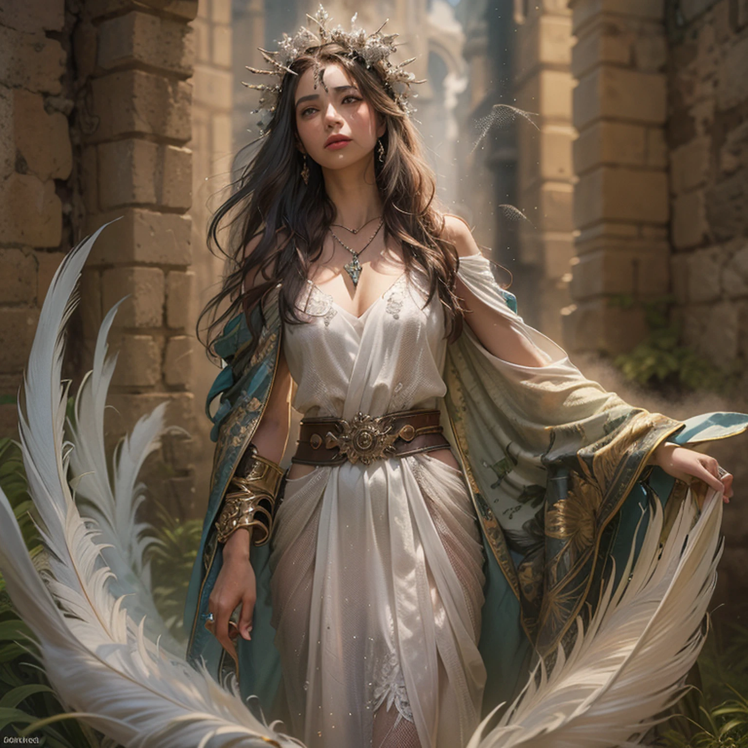 (Numerosas obras-primas premiadas de, with incredible detail, textures and maximum detail), ((Full body standing image)), (Ultra foto realsisim:1.4), (Realistic:1.3), (para cima da parte superior do corpo:0.3), (melhor qualidade de pele textura real), (Thin true circle Symmetrical eyes), (Rosto bonito lindamente desenhado,) (Um anel de brilho divino por cima:1.5), ((mundo medieval)), ((((anjo ????? do Senhor, anjo branco do Senhor)))), ((retratos de corpo inteiro)), (Olhos lindos e gentis), (Ela tem um sorriso travesso no rosto), (Colorful eyes are full of sympathy), Masses of bright majestic clouds and sky, (halo optical phenomenon), (Angels dancing in the background), (dramatic light), (A majestic sight), (His expression was serene and full of tenderness,Tremendamente bonito), ((asas grandes,There are pure white feathers behind the shoulders)), (((Asas dobradas))), Brincos de vidro nas orelhas, (((dramatic photo))), (Twilight), (Sunset), (twilights), (pose divina), (cabelos dourados), (cabelos prateados), (cabelo marrom), cabelo curto e detalhado, ((head looking up)), ((olhando para baixo)), ((gives full body standing image)), (Around her neck is a simple necklace of exquisite finish), Old ruins infested with plants, Grande Templo, grande catedral, temple ruins, templo destacado, (Luminous magic circle), Site of the Old Castle, Deserted ruins, ruined ruins, Ancient ruins with clear water, Wavelets, Flowing Water, raios sagrados, epic realistic, ((com cores neutras)), (HDR:1.5), (cor pastel:1.2), Ultra - Detalhado, cinemactic, luzes quentes, dramatic light, (detalhes intrincados:1.1), O Contexto Complexo,