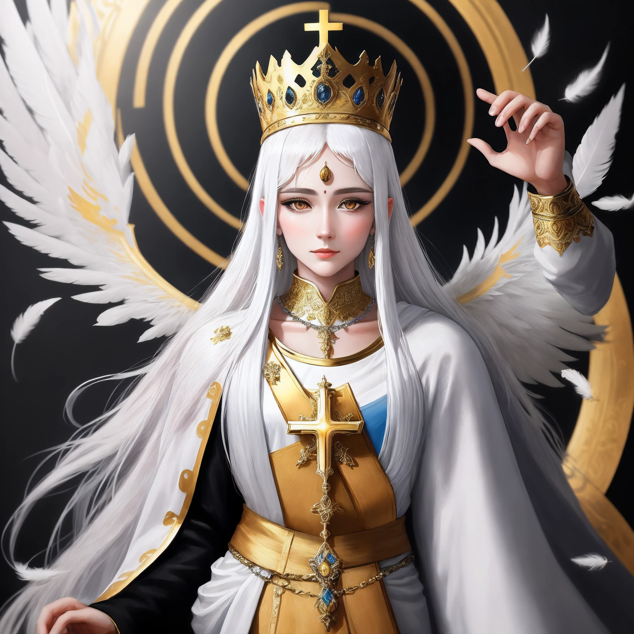 Acrylic paints，Thick coating，A saint with white hair and white eyes，White feathers，Gold jewelry，Gorgeous royal sacred
Holy Maiden，nobles，Gorgeous satin white，Wearing a golden crown on his head，with black background，Overhead light，Halo，golden white silver