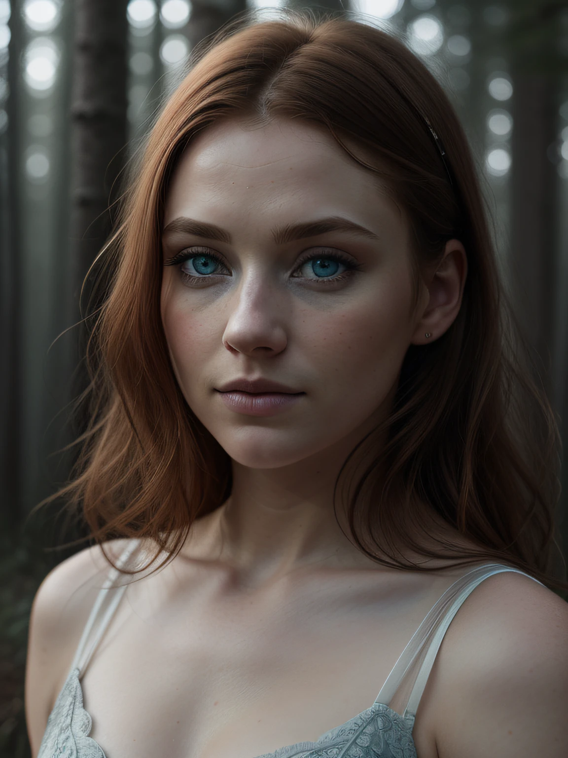 closeup of a european woman, blue eyes, ginger hair, winter forest, natural skin texture, 24mm, 4k textures, soft cinematic light, RAW photo, photorealism, photorealistic, intricate, elegant, highly detailed, sharp focus, ((((((cinematic look)))), soft tones, insane details, intricate details, hyperdetailed, low contrast, soft cinematic light, dark colors, exposure mix, hdr, faded