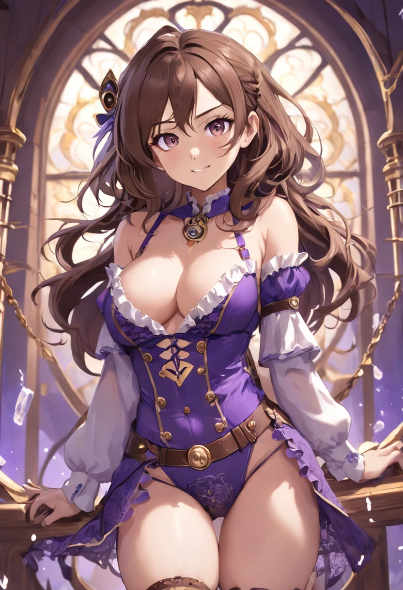 (((NSFW (New South Wales)))), Amazing magica fantasy full-body portrait of a busty steampunk woman in dark purple lace underwear, Wear a garter belt, 15 year old, Emphasizing her feminine features. plunging neckline, Small ears, Brown hair, Medium wavy hair, Smiling happily, Dynamic Pose, clocks, Fantasy, Extreme detail, 4Kde, ultra-HD, trending on Artstation, polished, radiant, Photo vibrancy, background light, (8Kdende UltraHD), Unreal Engine 5 Potion, intricately detailed, 3D vray Details