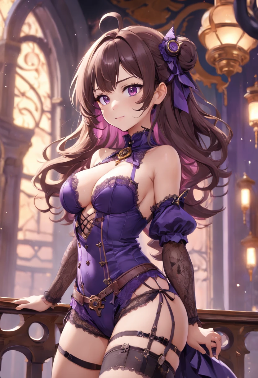 (((NSFW))), a stunning magica fantasy full body portrait of a busty steampunk woman in dark purple racy lace underwear, wearing a garter belt, , with feminine features. exaggerated plunging neckline, small ears, brown hair, medium wavy hair, smiling happily, dynamic pose, ticker, fantasy, extreme detail, 4Kde, Ultra HD, trending on ArtStation, polished, radiant, Vibrant, background lighting, (8Kdende UltraHD), Unreal Engine 5 portions, intricately detailed, 3D vray details