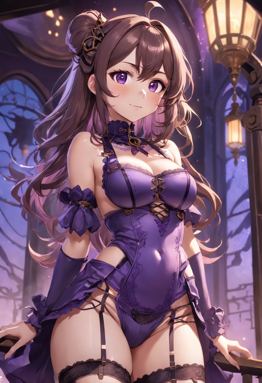 (((NSFW))), a stunning magica fantasy full body portrait of a busty steampunk woman in dark purple racy lace underwear, wearing a garter belt, aged 15, with feminine features. exaggerated plunging neckline, small ears, brown hair, medium wavy hair, smiling happily, dynamic pose, ticker, fantasy, extreme detail, 4Kde, Ultra HD, trending on ArtStation, polished, radiant, Vibrant, background lighting, (8Kdende UltraHD), Unreal Engine 5 portions, intricately detailed, 3D vray details