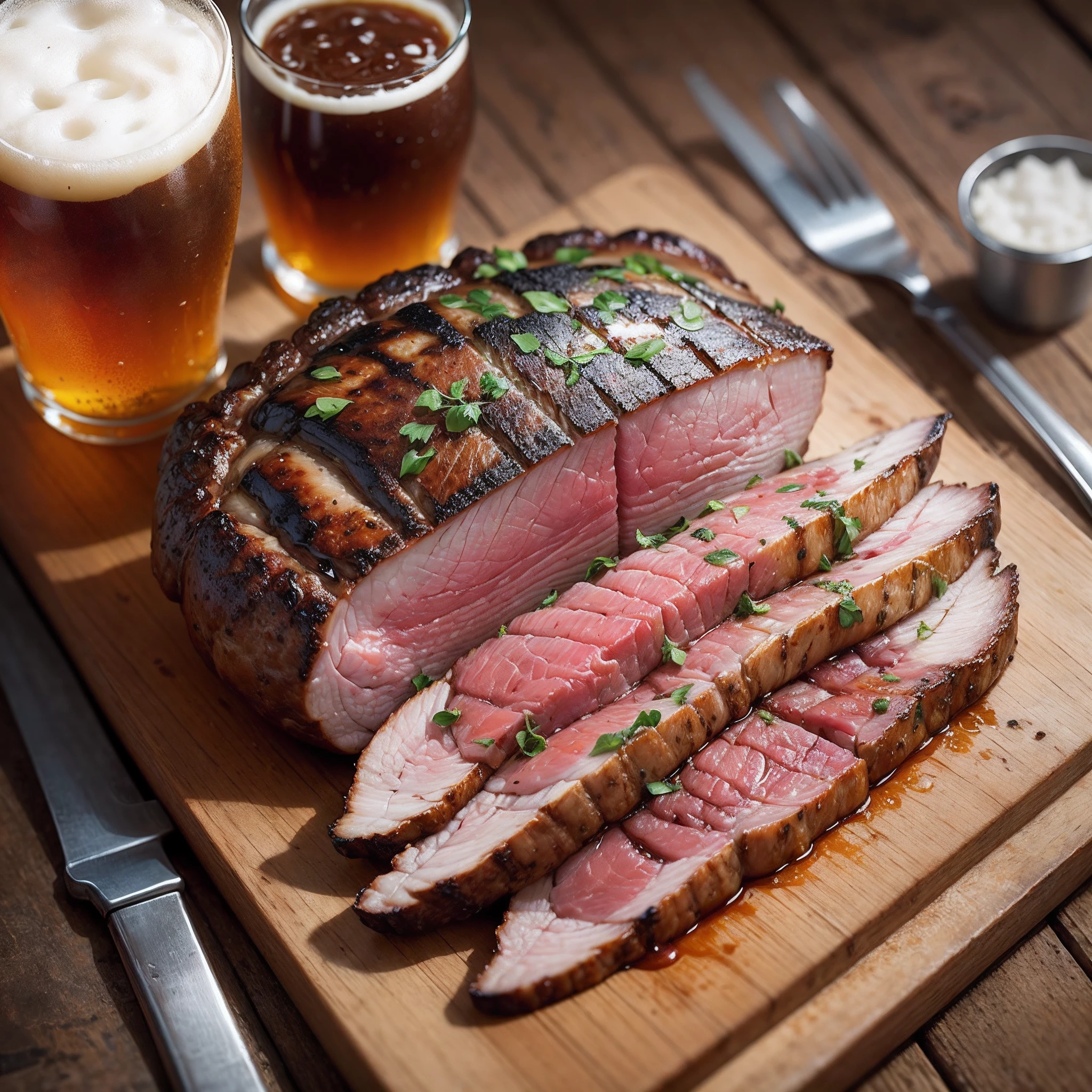 meat with grill marks on a wooden board with a cold cold beer next to it, tasty, promotional photo, intricate details, HDR, realistic photo, Adobe Lightroom, highly detailed --auto --s2