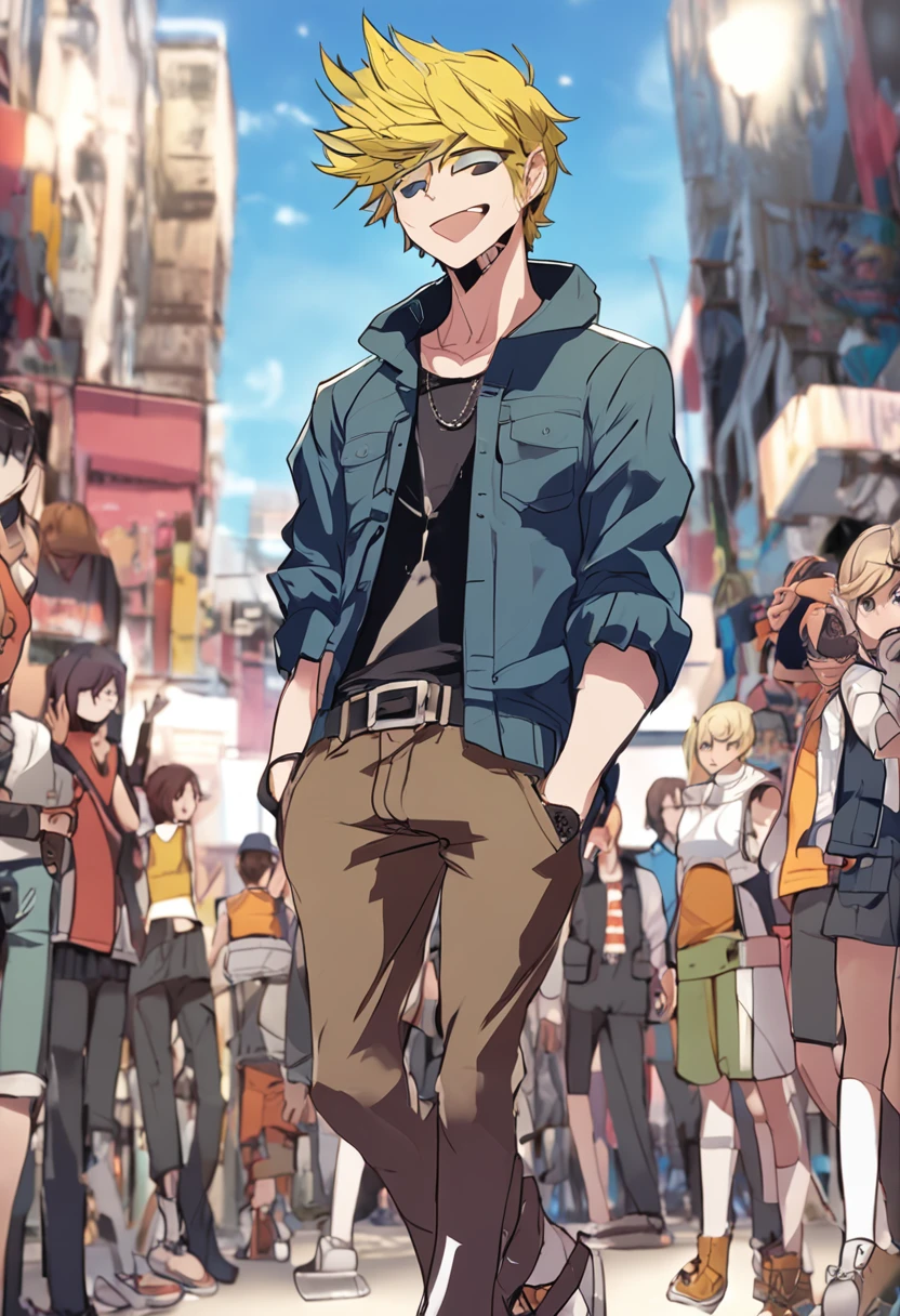 Danganronpa,male,long Tank top,blue jeans,yellow hair,brown eyes,straight short hair Hair,long pants'smile,{{{one person}}}